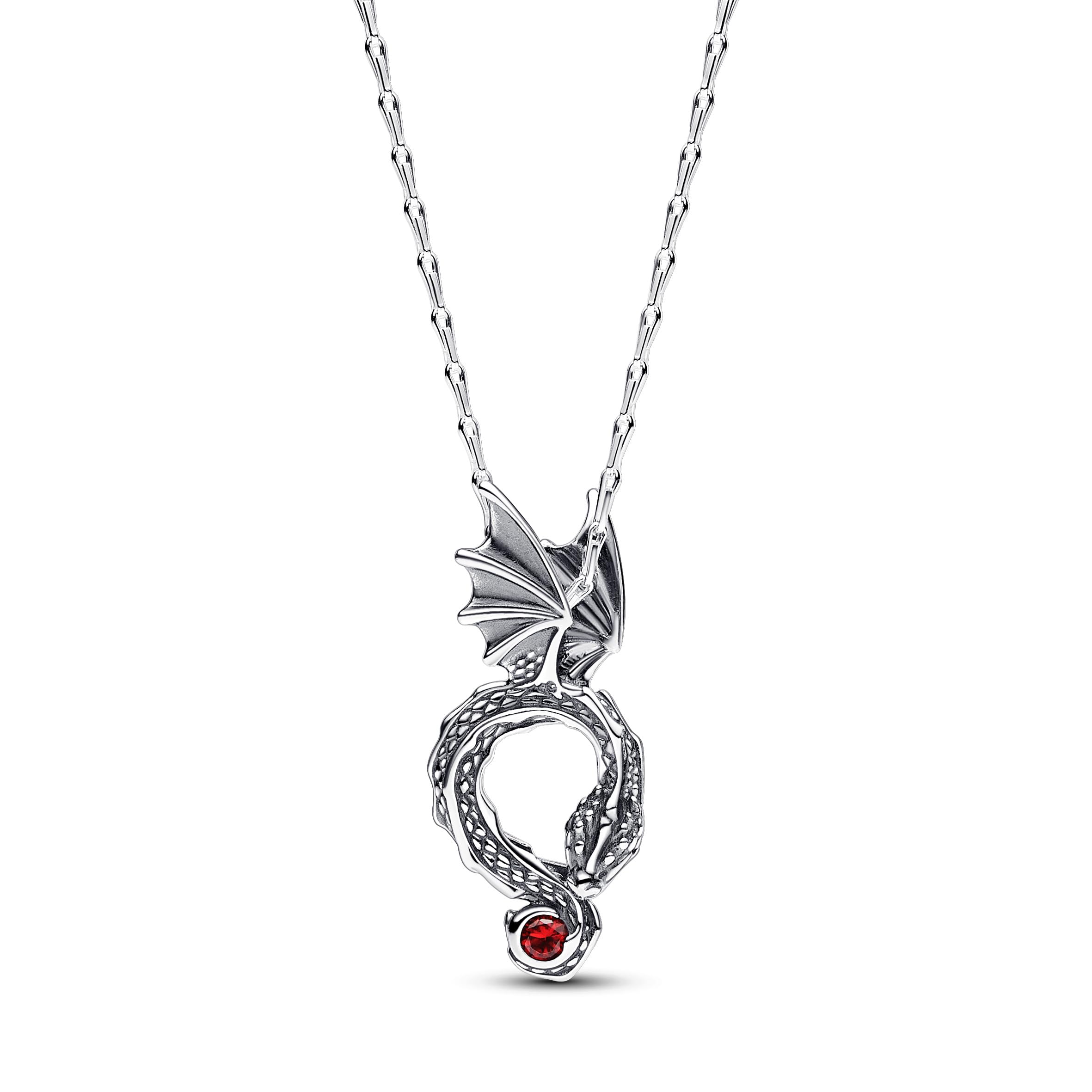 PANDORAX Game of Thrones 392967C01-45 Collar con colgante de dragón de plata de ley con cristal artificial en rojo, 45 cm, 45cm, Plata esterlina, No es una piedra preciosa