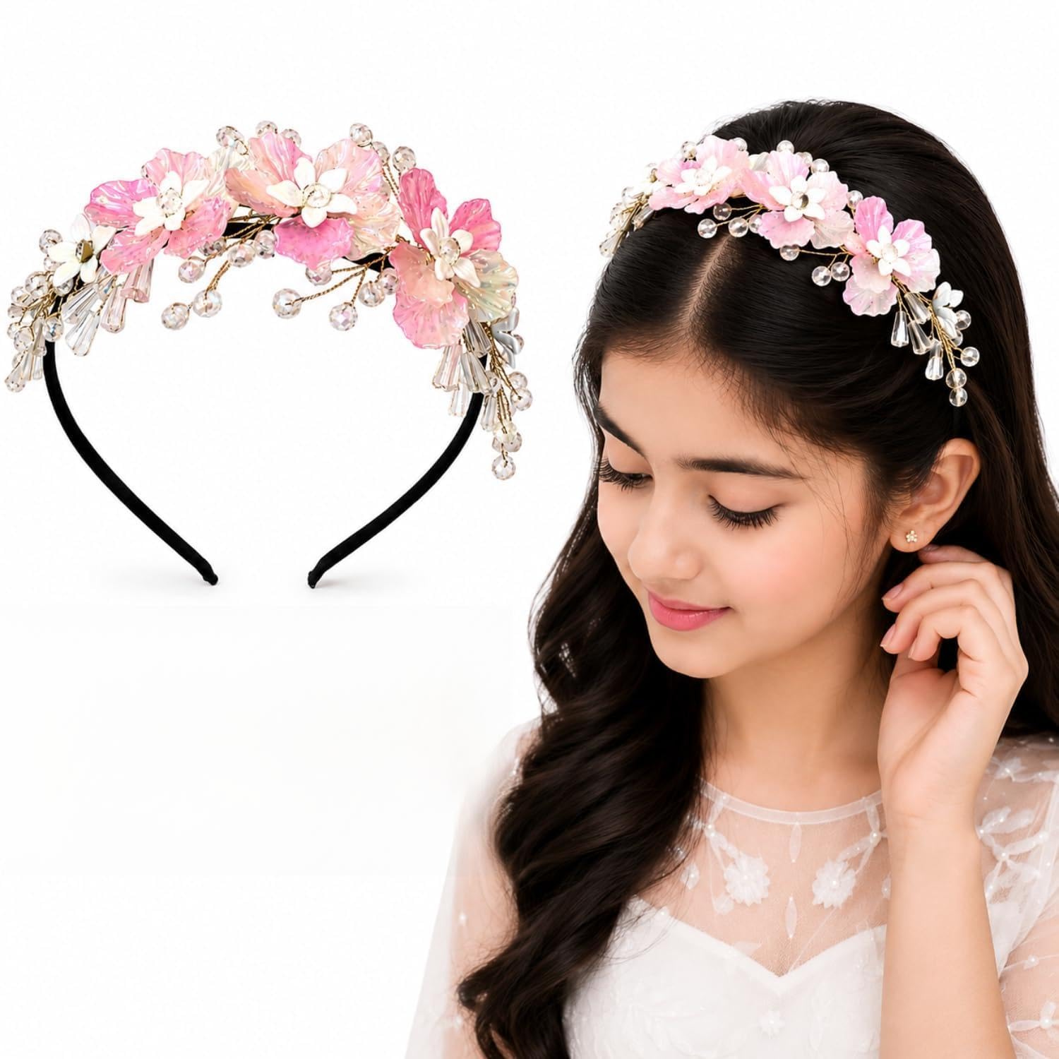 samyak Pearl & Crystal Hair Band Accessories For Women & Girls, Stylish Tiara Headband For Wedding Party Juda Bun Fashion For Bridal Hair Decoration Accessory-picture-22