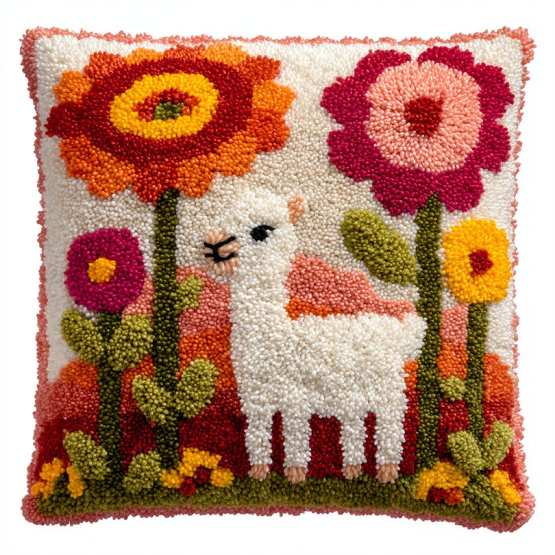Kitquiver Animal Latch Hook Cushion Craft Kits Alpacas and Flowers DIY Latch Hook Kits Pillowcase Embroidery,Knitting,Gift for Adults/Beginners 17x17In
