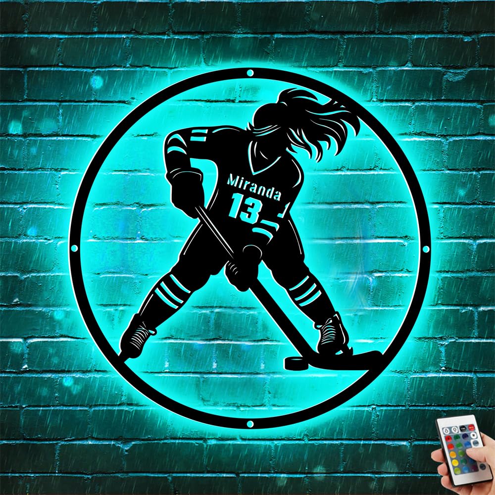 Personalized Women Hockey Player Name Sign with LED Light, Customized Sports Female Hockey Metal Wall Art Sign Decor, Custom Hockey Neon Night Light Lamp, Hockey Player Gifts for Women