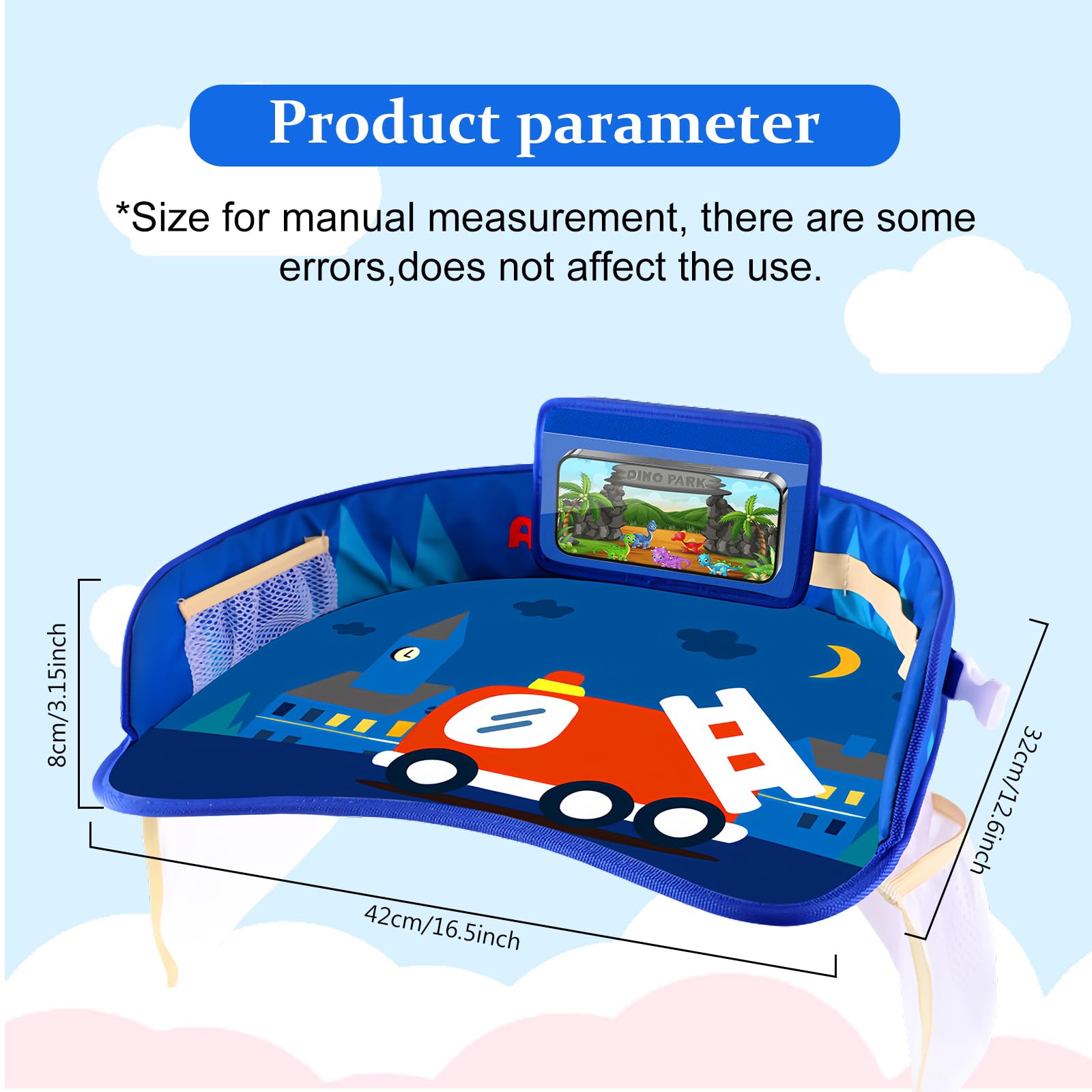 PRTIOK Tavolo da viaggio per bambini con tasche a rete: tavolino da viaggio per bambini, per giochi e tavolo da pranzo, tavolo da gioco, per passeggini, passeggini, auto, treno, blu