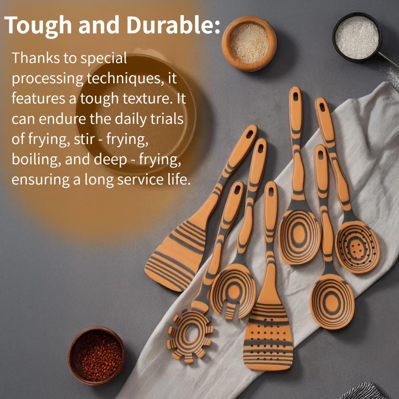 Professional Kitchen Wood Fiber Cooking Spoons|7-Piece Curved Handles Non-Scratch, Heat Resistant, Dishwasher Safe Wooden Utensil Set for Non-Stick Pans, Sauce Making, Stirring & Serving|Kitchen Gifts