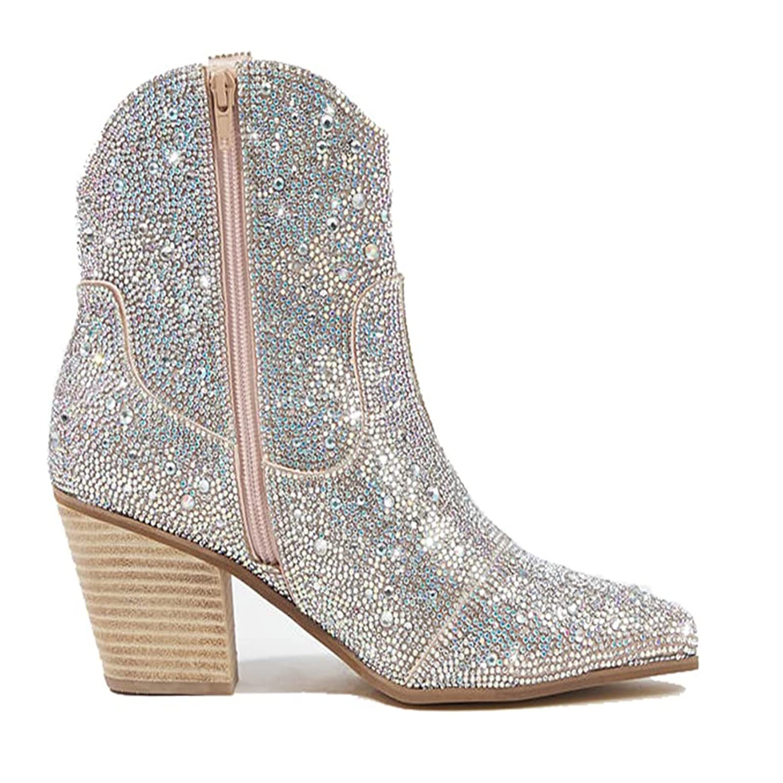 gloryinterest Womens Rhinestone Ankle Boots Sparkly Glitter Chunky Heel