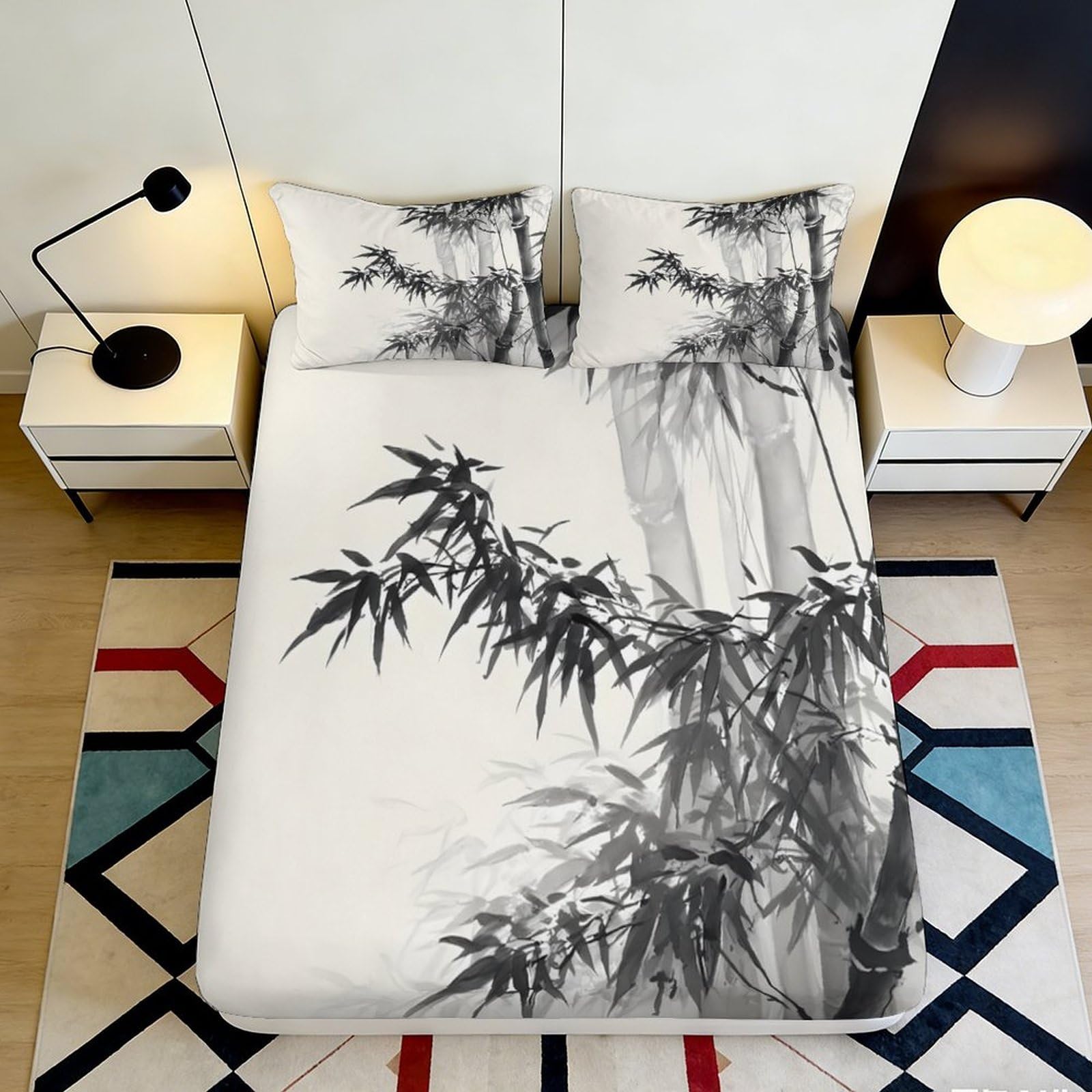 Uynsixtme Style-3 3D Printed Ink Bamboo Fitted Sheet Microfiber Deep Pocket Non-Slip Bedroom Bedding Bamboo Mattress Fitted Cover For Adults Teens 140X200x25cm