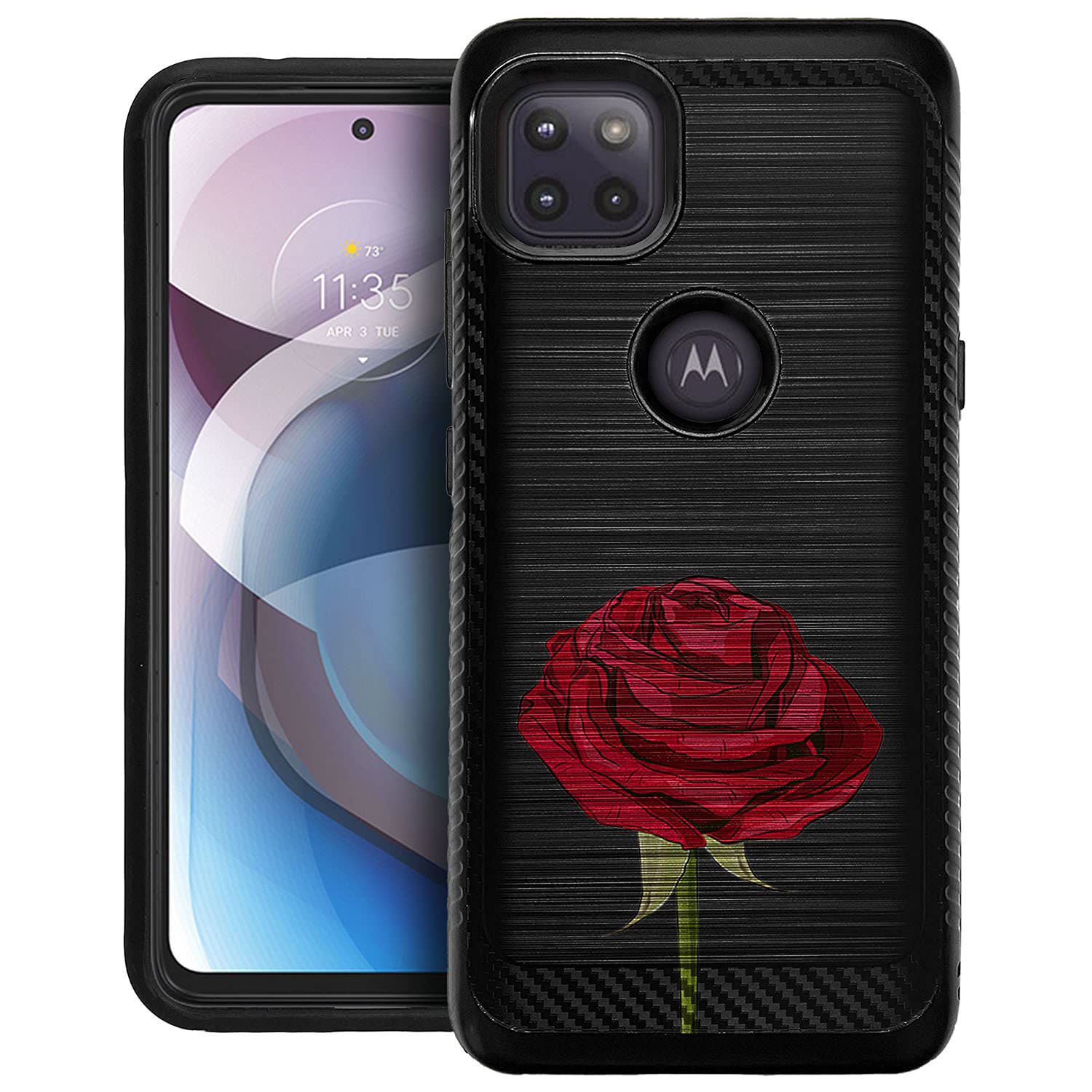 CasesOnDeck Fitted Case Compatible with [Motorola Moto One 5G ACE (2021) / Moto G 5G Case] [Brushed Armor] Black Dual Layer Case with Design (Red Rose)