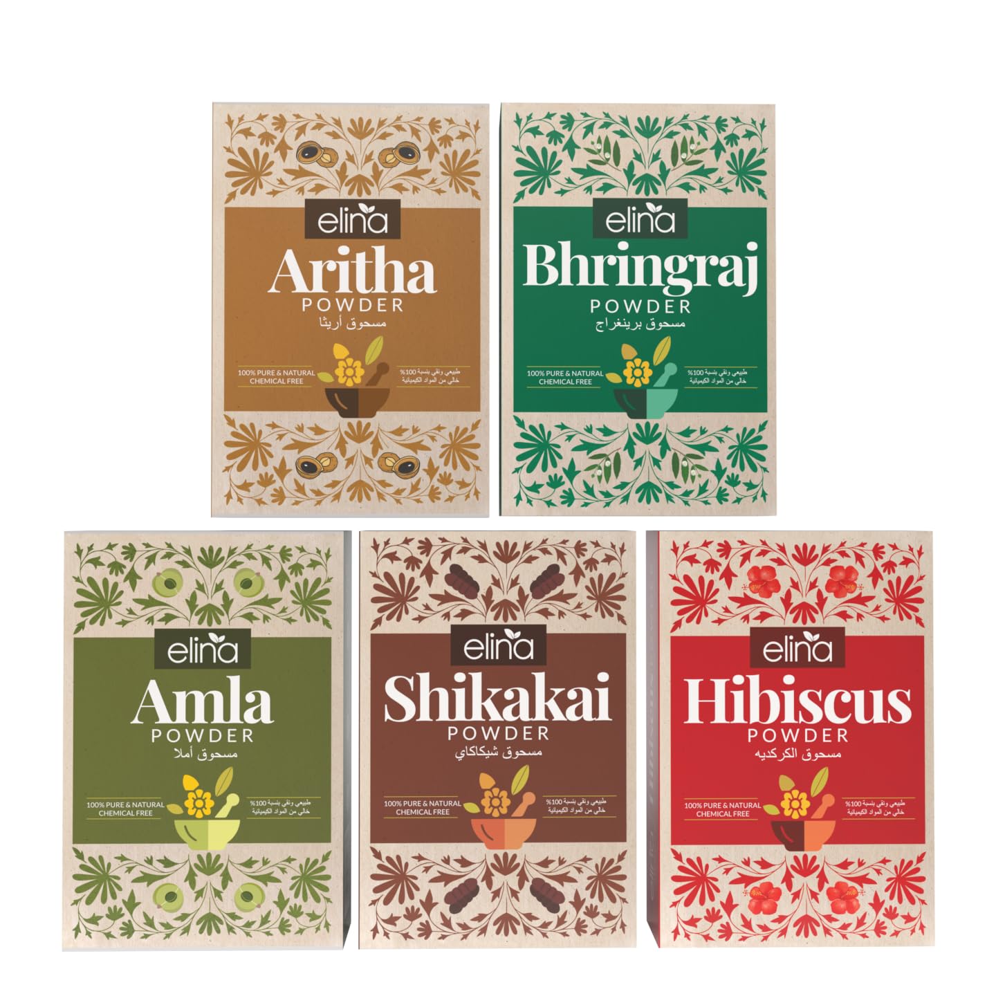 Elina Organic Herbal Powder for Hair |No Added Preservative and Additives | 100% Pure and Natural | Amla, Reetha, Shikakai, Bhringraj, Hibiscus Powder for Hair Care Combo Pack of 5(500g)