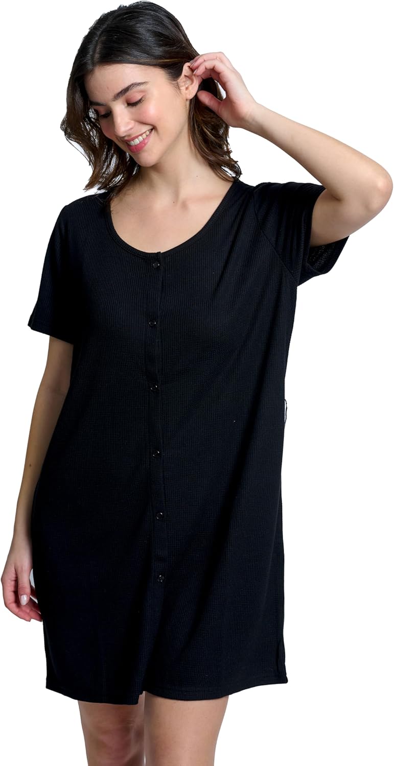 Mad Dog Women's Night Shirts - Soft Waffle Knit Womens Sleep Shirts, Short Sleeves Button-Up Pajamas Nightgowns Sleep Dress
