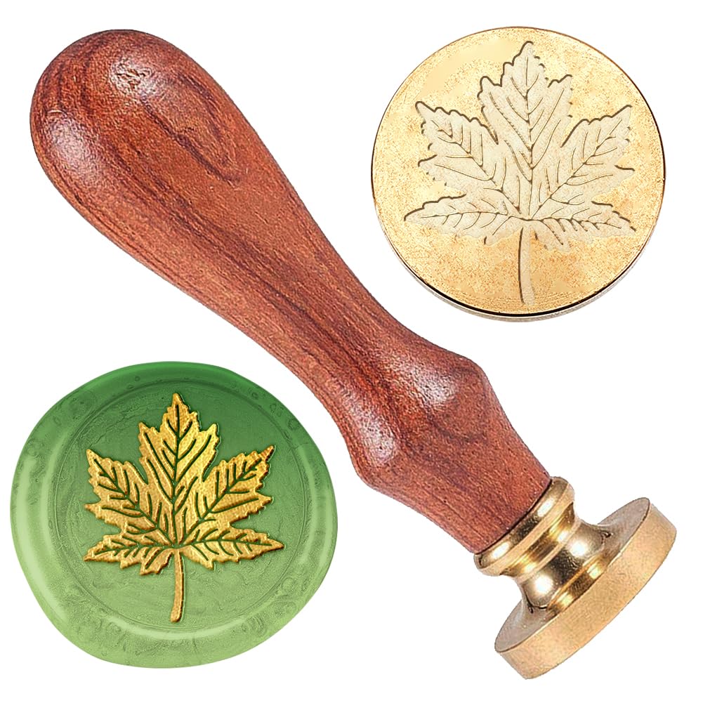 DELORIGIN Maple Leaf Wax Seal Stamp Wedding Invitations Embossed Stamp Sealing Removable 1" Brass Wax Seal Stamp Head with Wooden Handle Envelopes Gift Packing Decoration Craft Adhesive Waxing