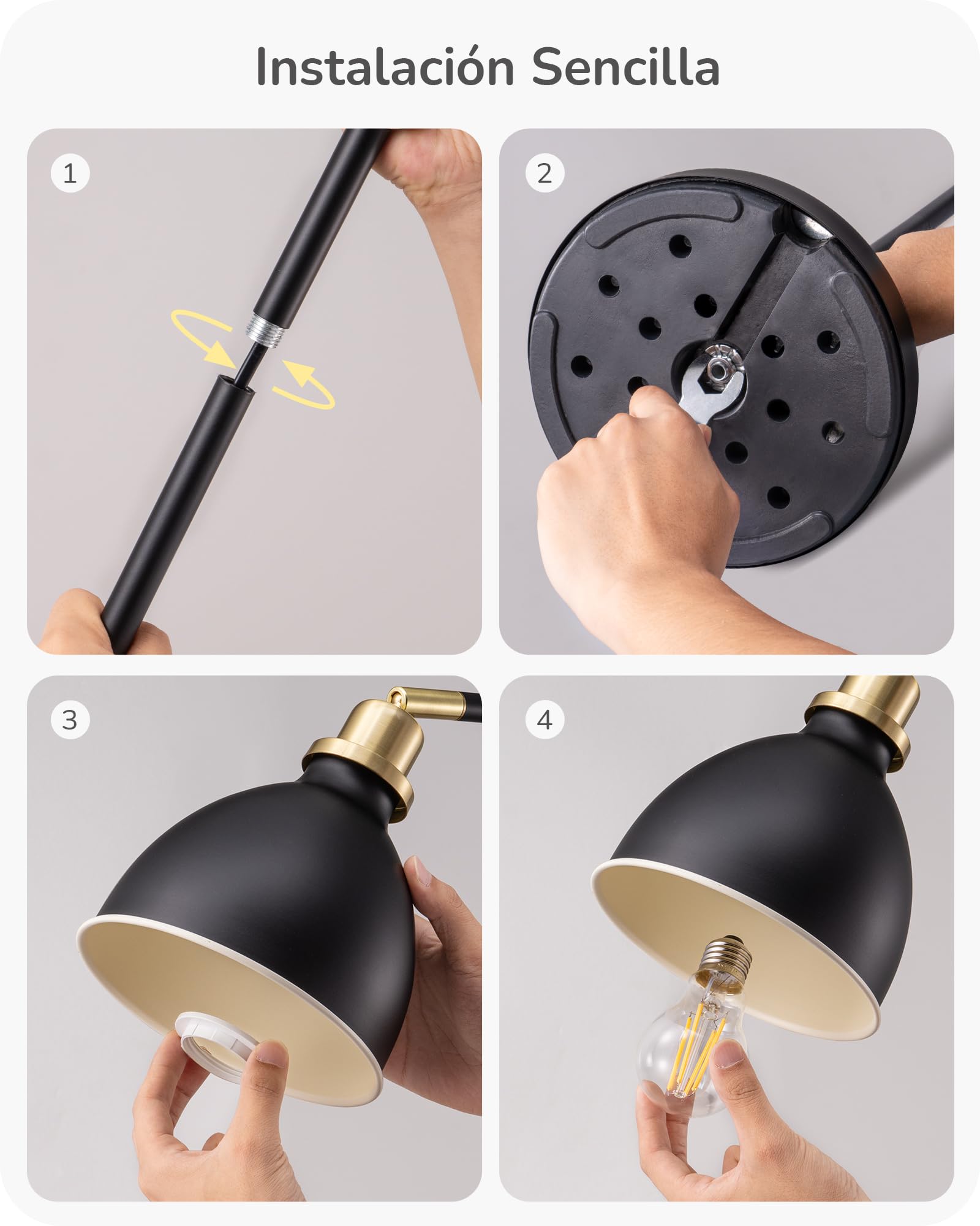 EDISHINE Lámpara de Pie Industrial, Lámpara Retro con pantalla metálica, cabeza ajustable, casquillo E27, Lámpara de Lectura para Salón y Oficina, incluye bombilla LED, negro
