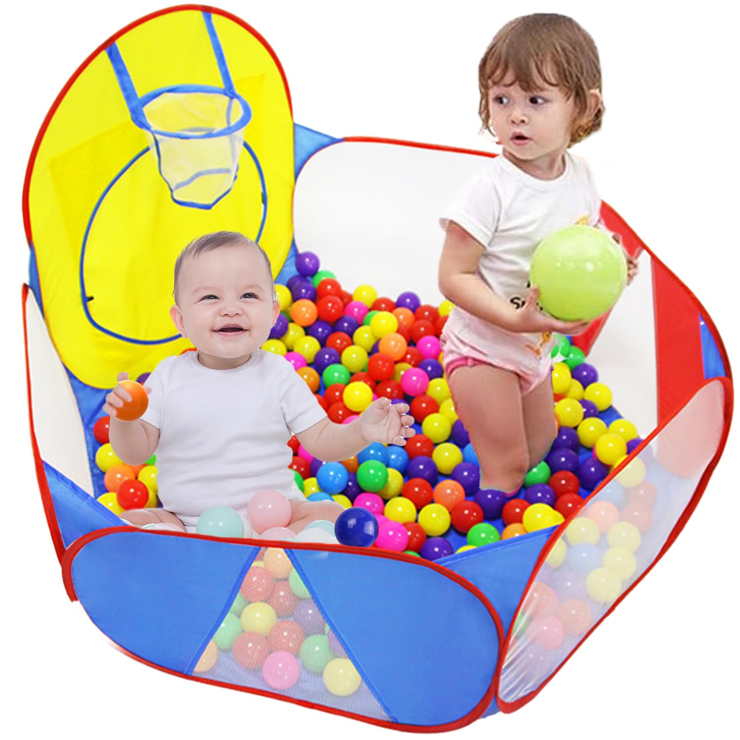 Masroo Kids Ball Pit Large Pop Up Childrens Ball Pits Tent for Toddlers Playhouse Baby Crawl Playpen with Basketball Hoop, Balls Not Included
