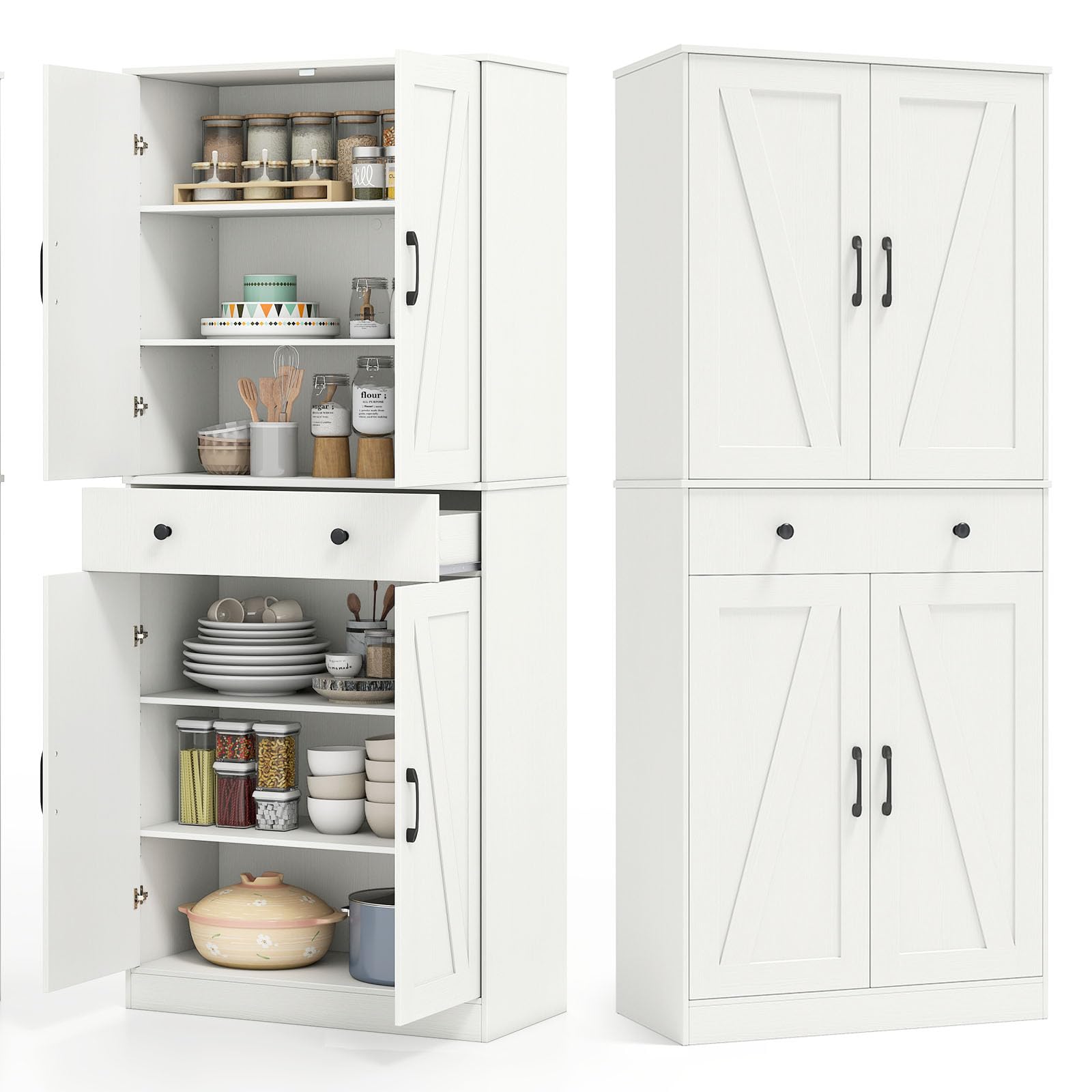 KOMFOTTEU Aparador de Cocina Alto, Armario Buffet con 4 Puertas, Cajón y 3 Estantes Ajustables en 5 Posiciones, Alacena de Almacenamiento con Dispositivo Antivuelco, 77 x 39 x 183 cm, Blanco