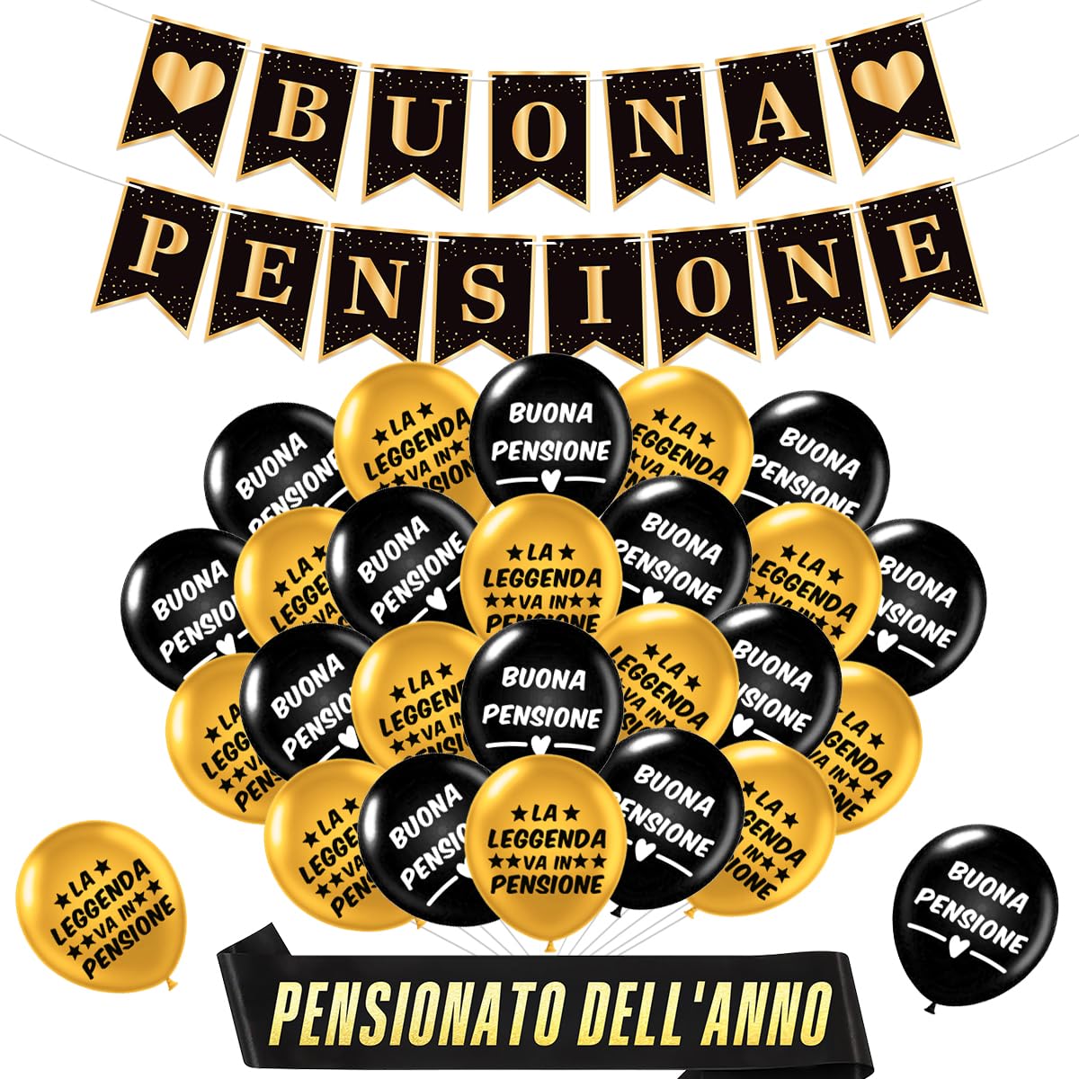 Decorazione Pensione Banner E Palloncini - Striscioni "Finalmente In Pensione", Nero E Oro - Foto 10