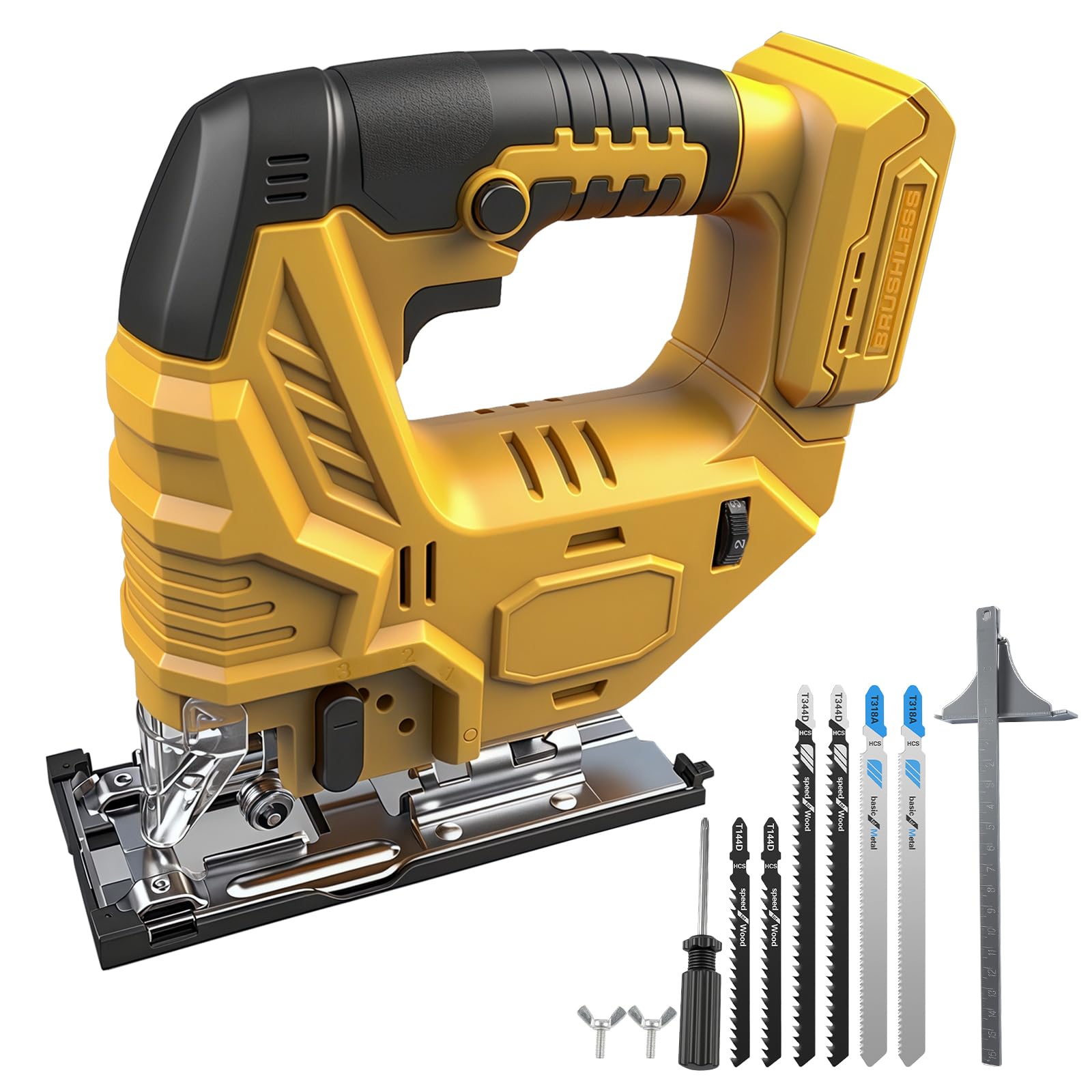 Sierra de calar eléctrica Compatible con Dewalt 18 V 20 V 800 W sin escobillas con luz LED, 5 velocidades variables, ángulo de corte de inglete ±45°, 6 piezas
