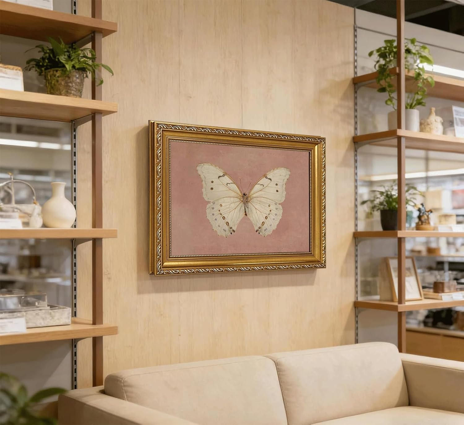 Gold Framed Wall Art Moody Butterfly Painting Wall Decor Neutral Moody Insect Pink Antique Moth Picture Rustic Farmhouse Style Poster Prints for Bedroom Living Room Home Decoration 12x16in