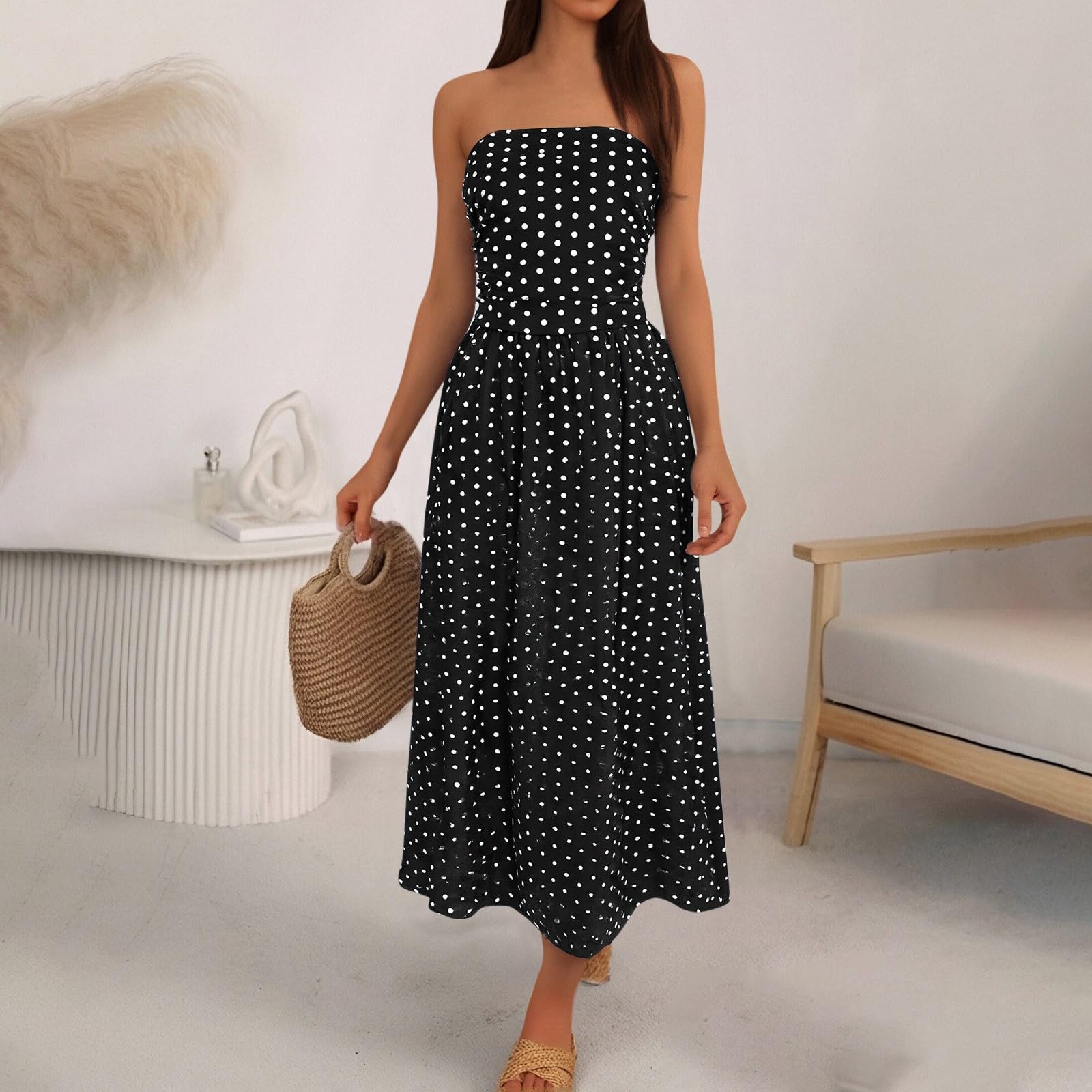 Generisch Abito estivo da donna per il tempo libero, elegante, maxi abito con pois, scollo a spalle scoperte, gonna a gradini fluente, schiena increspata