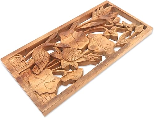 Miniatura 3 de NOVICA Escultura de pared de garza y flor tallada en madera natural, estanque de garzas, marrón 7.50 x 15.25 pulgadas