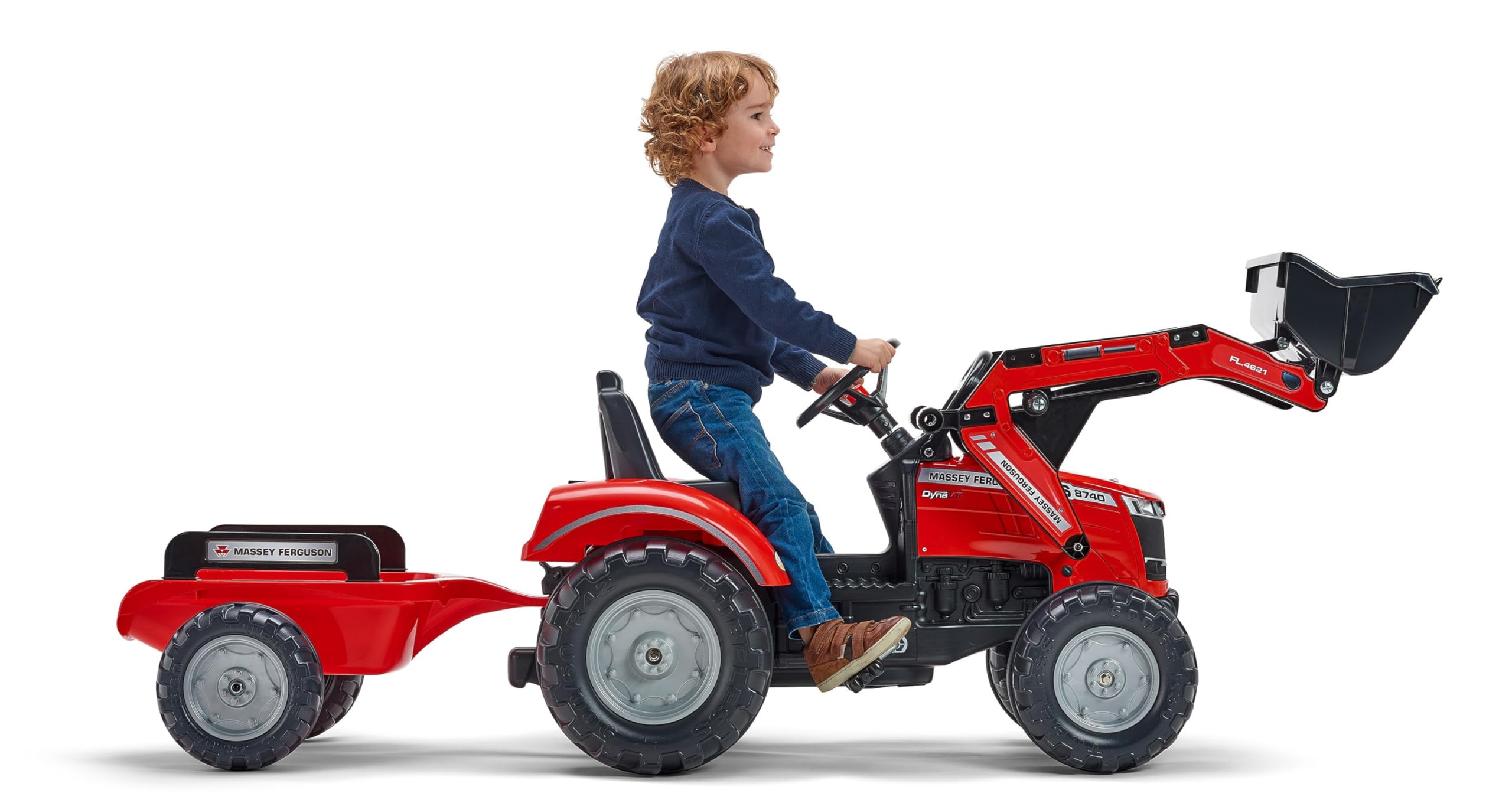 FALK - Tractopelle à pédales Massey Ferguson avec et remorque - Jeux exterieur enfant - Tracteur enfant - Dès 3 ans - Fabriqué en France - Pelle frontale articulée - Siège ajustable - 4010AM