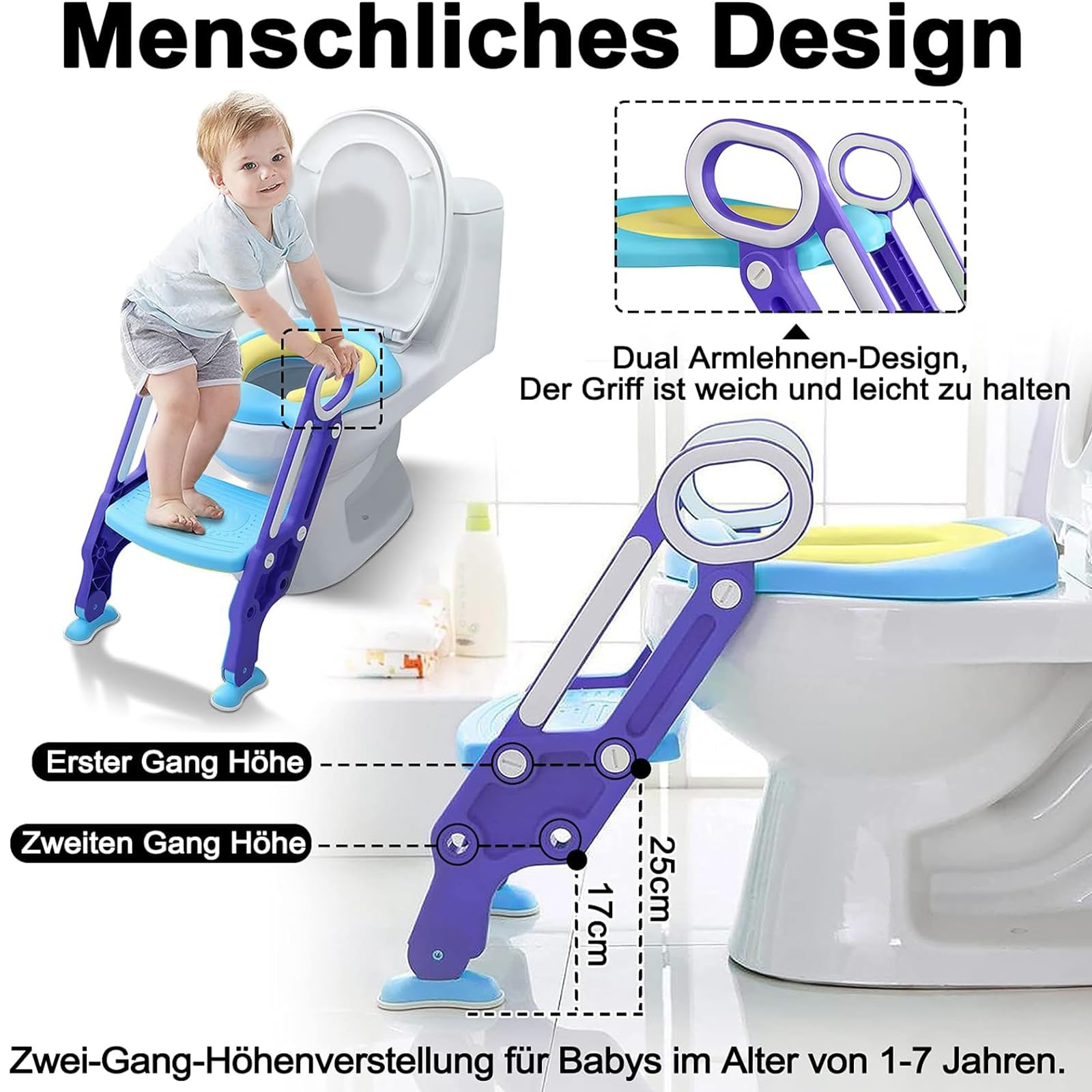 Aufun Sedile WC per bambini con scala regolabile, sedile per WC pieghevole con cuscino in poliuretano, adatto per WC da 38 a 42 cm, per bambini da 1 a 7 anni, colore: blu/lilla
