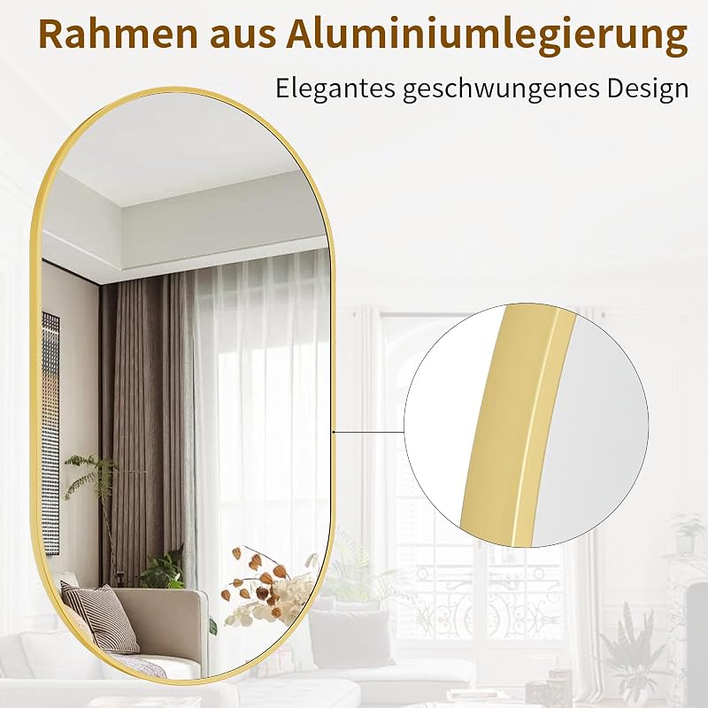 Koonmi Arany Ovális Fürdőszobai Tükör 56x96 cm - Edzett Üveg Fali Tükör Alumínium Kerettel, Torzításmentes, Függőleges/Vízszintes Akasztássa
