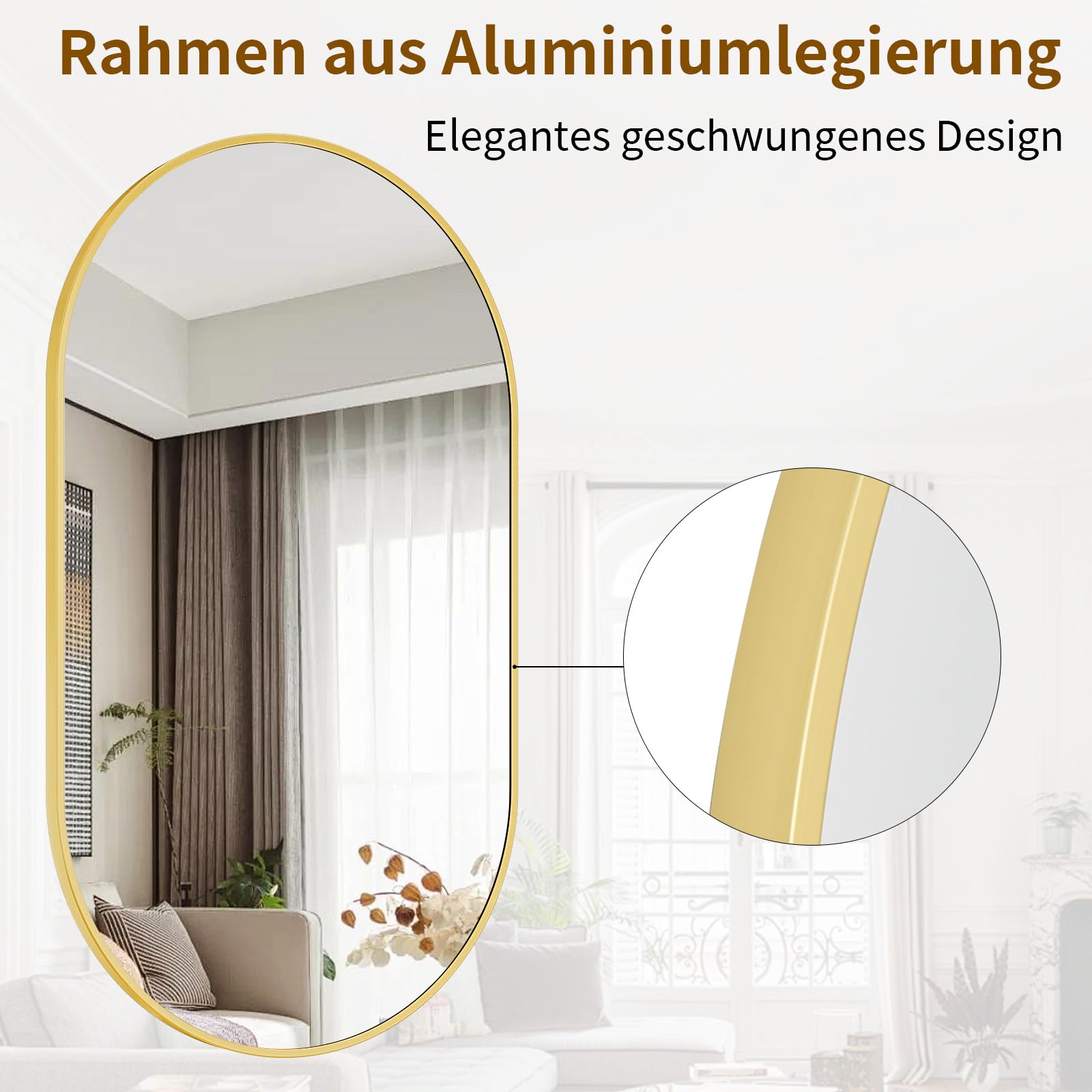 Koonmi Oval Badspiegel Gold, 30 x 60 cm Oval Wandspiegel aus gehärtetem Glas, Eitelkeitsspiegel ohne Verzerrung, horizontal oder vertikal hängend für Schlafzimmer, Eingangsbereich, Wohnzimmer
