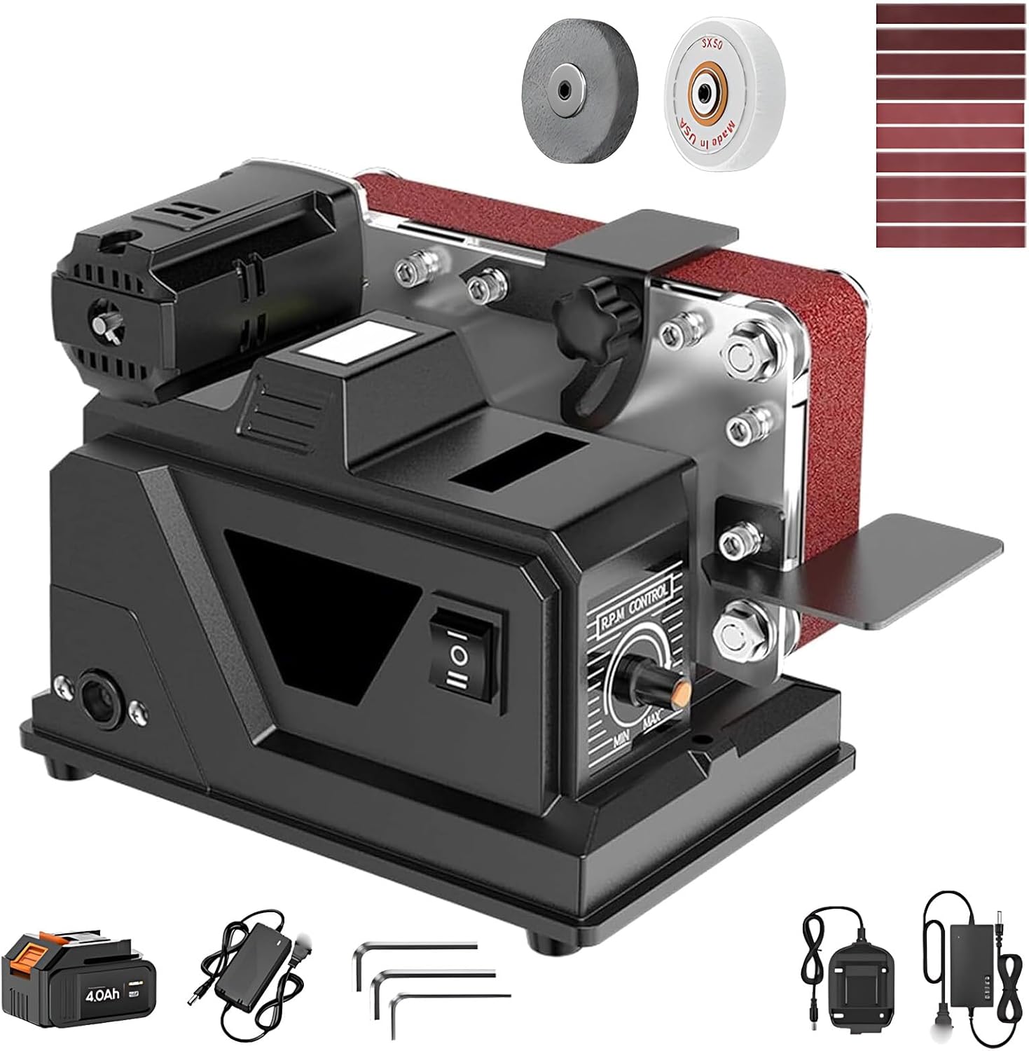 Electric Belt Sander, Mini Bench Polisher with Stepless Speed Control, Adjustable Dual Bracket for Wood, Metal, Craft, DIY Projects