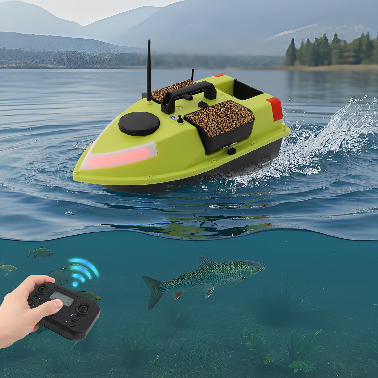 600M Angeln KöderBoot Mit LED-Leuchten, GPS Angelköder Boot, Fernbedienung Futterboot, Verstellbare Farbe, Nachtlicht Positionierung, ABS Fischköder-Boot,Dual 390 Motoren, 2 5200mAh Batterien