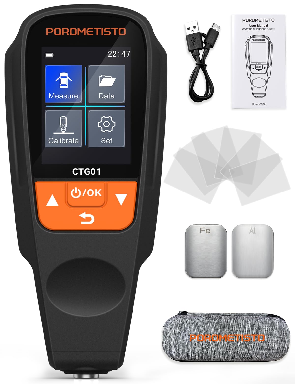 CTG01 POROMETISTO Medidor De Espesor De Pintura,0-2000μm | 2 Modos: Medición y Calibración, Exportación De Datos, Profundidad 0,1 μm, Pantalla Color Giratoria 2", Fe/NFe Auto