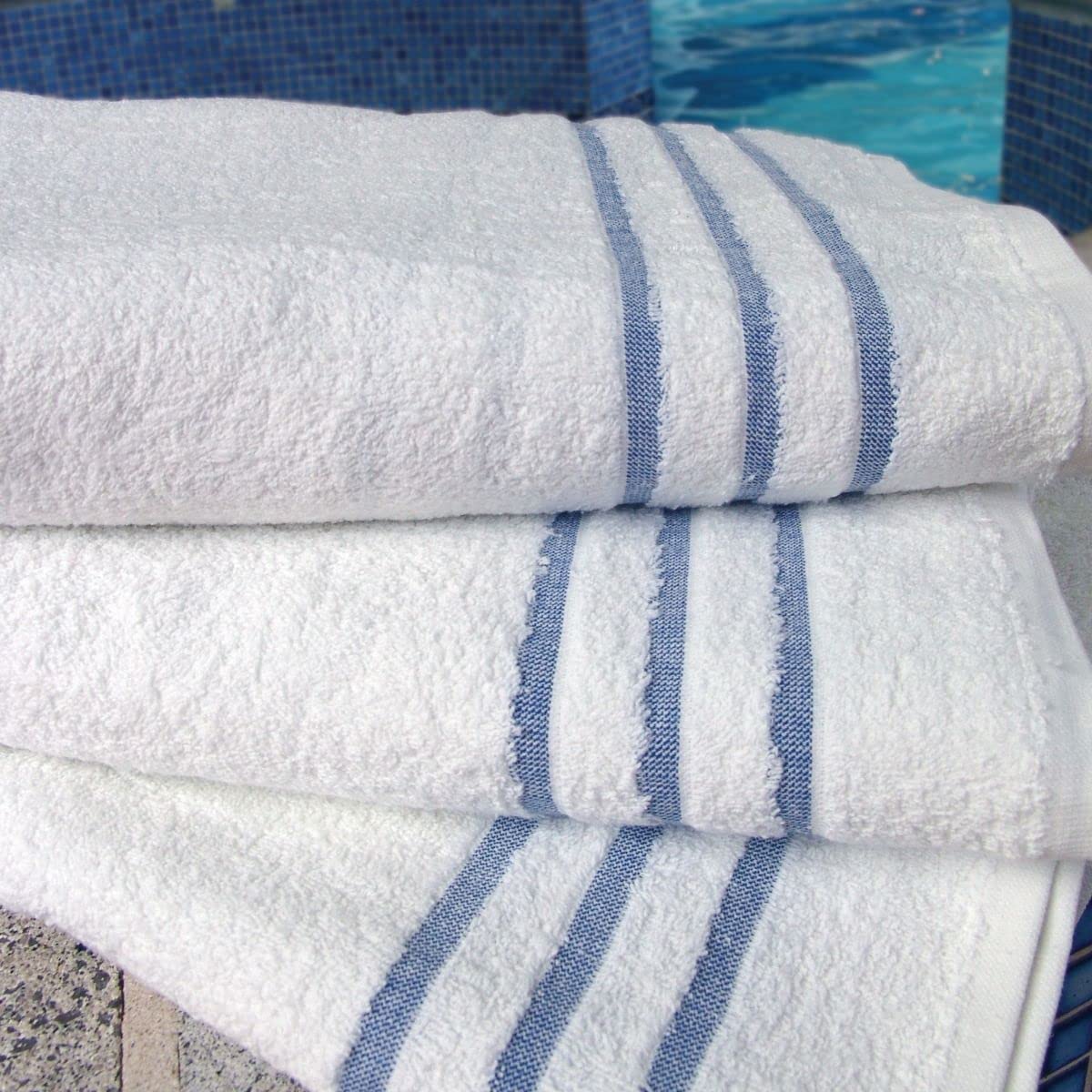 Vision Linens White Hotel-Grade Leisure Bath Sheet Pool Towel - Size 92 X 150Cm, Ideal For Gyms, Spas, Poolside, Bathrooms, Decorative Two Blue Header Bars, 420 Gsm Polycotton Blend
