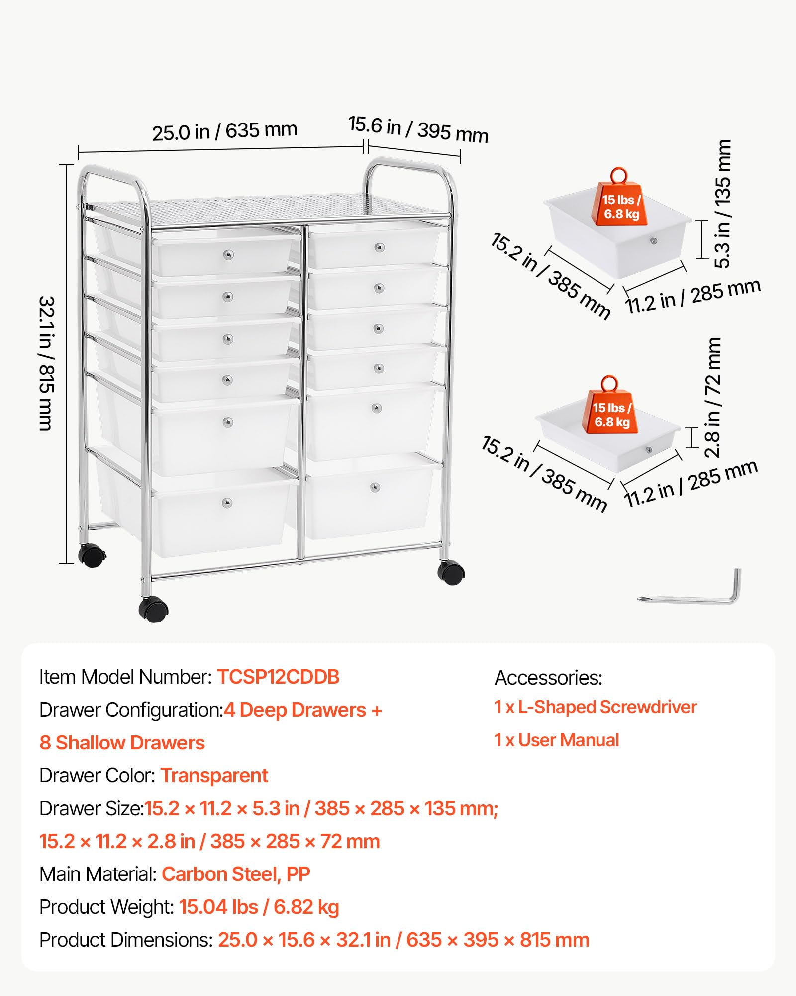 VEVOR Carrello con Cassetti Organizer a Doppia Fila con 12 Cassetti e Ruote, Carrello Portaoggetti, Telaio in Acciaio Cromato, Ruote Girevoli a 360° con 2 Freni, Ideale per Ufficio, Garage e Studio