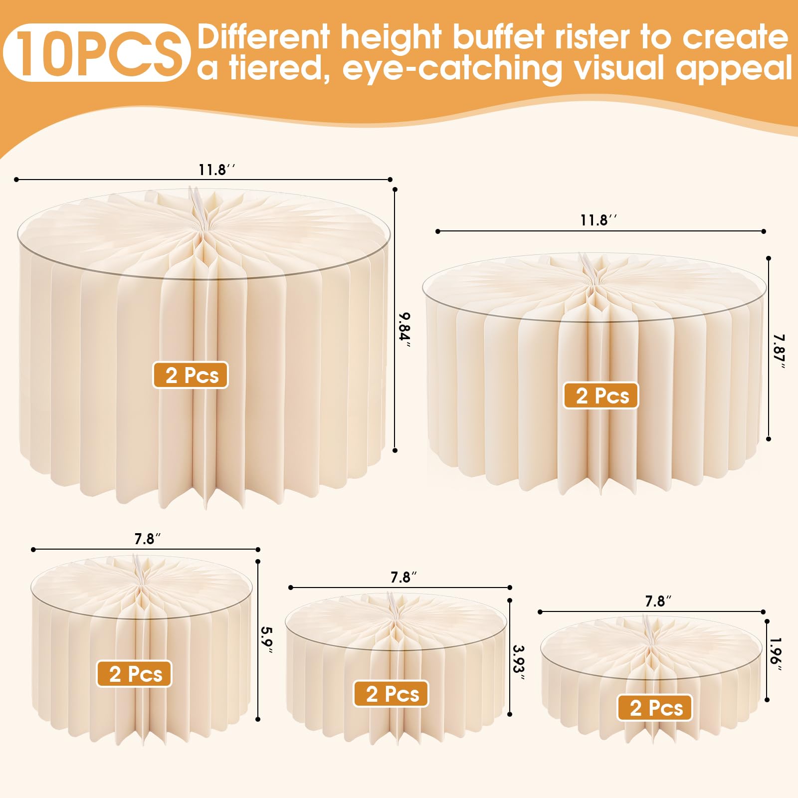 10 Stück faltbare Buffet-Erhöhungen, Lebensmittel-Erhöhungen, Präsentationsständer für Buffettisch, 5 Höhen, zylinderförmige Kuchenerhöhungen mit transparenter Acrylplatte, Desserttisch-Display-Set