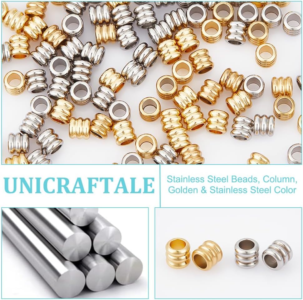 UNICRAFTALE 100Pcs 2 Colors Paracord Bead Stainless Steel Lanyard Beads Grooved Loose Beads 4.5-5mm Diameter Metal Column Beads Jewelry Spacer Bead Hole 3mm for Necklace Bracelet Jewelry Making - Image 5