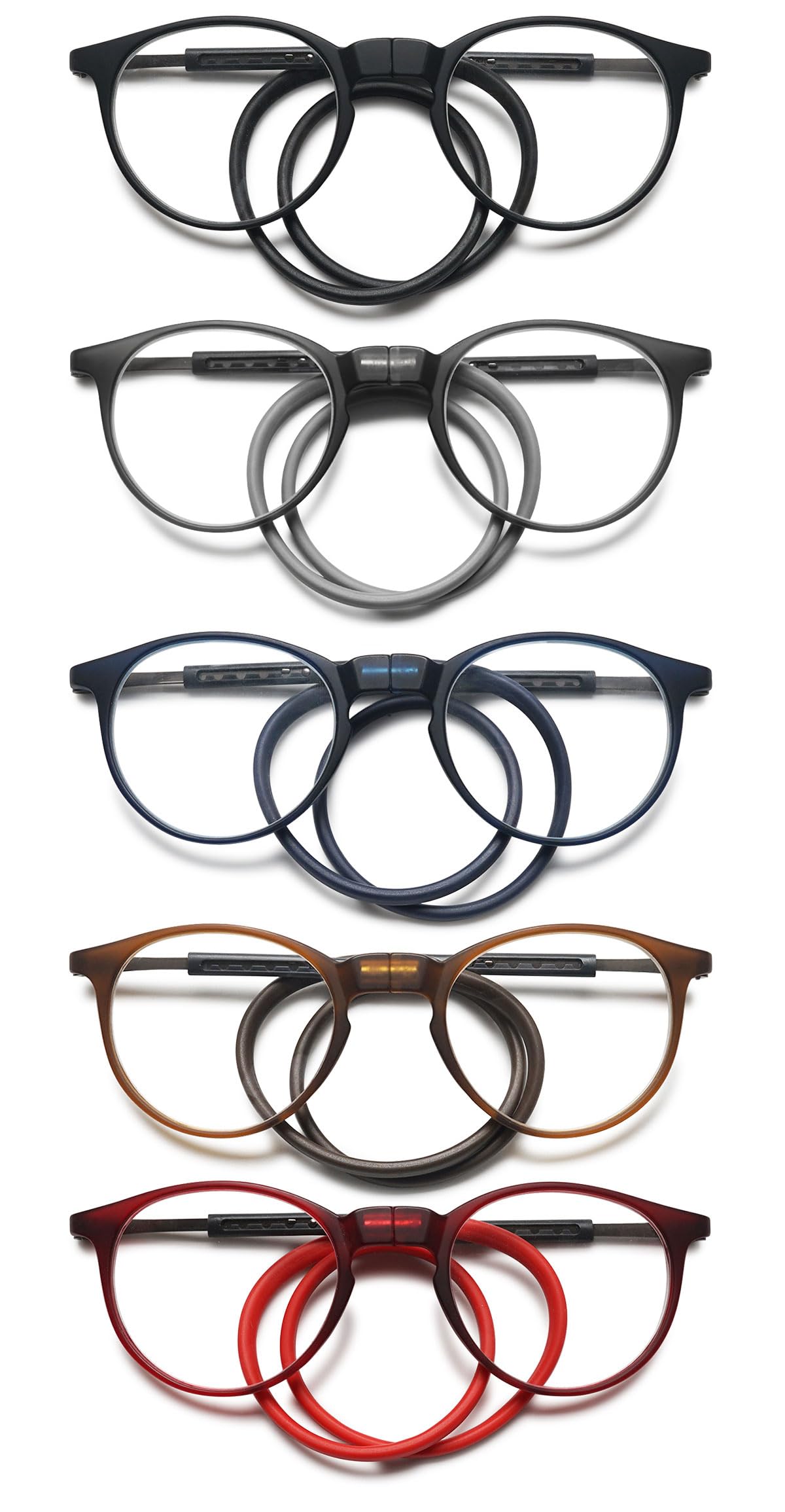 KOOSUFA Runde Magnetische Lesebrille mit Magnetverschluss Clip Herren Damen Leicht TR90 Faltbare Lesehilfe Arbeitsplatzbrille mit Einziehbare Brillenbügel, zum Aufhängen am Hals