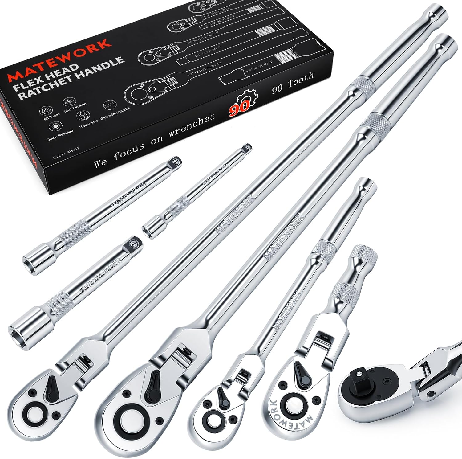 Matework 7Pcs Flex Head Ratchet Set, 1/4”, 3/8”, 1/2” Drive Swivel Ratchet | 180° Flex Head, 90 Tooth, Quick-Release, Extra Long Handle Ratchet with Extension Bar and EVA Foam, CR-V Steel