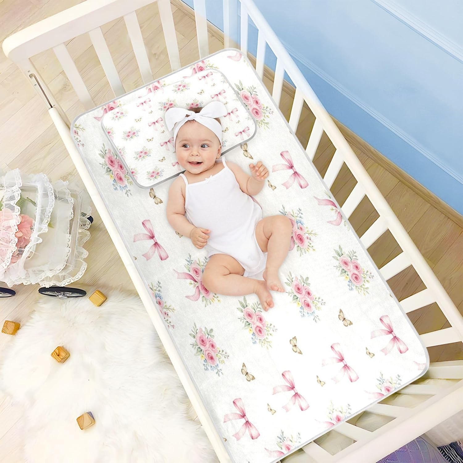 Cooling Baby Bed Mattress Cover 28" x 52" Reusable Pink Bow Roses and Butterflies Pee Pads for Baby&Toddler