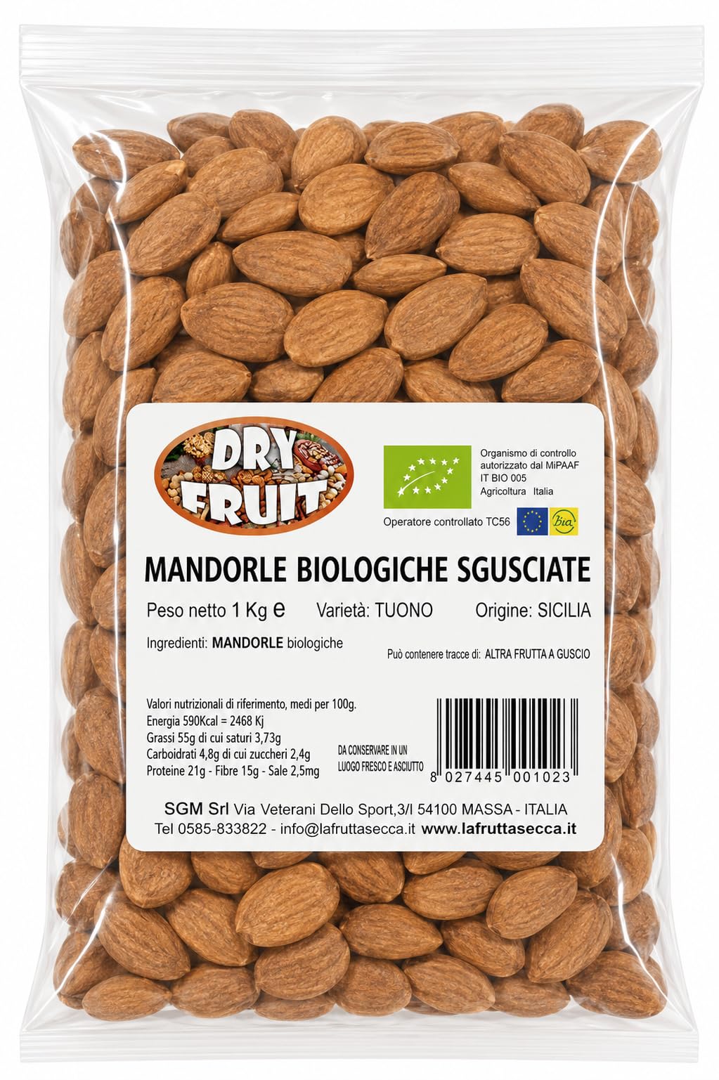 DRYFRUIT - MANDORLE SGUSCIATE BIOLOGICHE ITALIA -SICILIA - VARIETA' TUONO - 100% DOLCI. PRIMA SCELTA - Confezione da 1 Kg