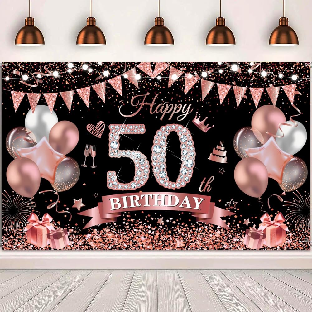 Yontree Happy 50th Birthday Banner 180 * 110cm Black Rose Happy 50th Birthday Banner Backdrop 50th Birthday Decorations for Girls Women, 50 Years Old Birthday Anniversary Party Supplies