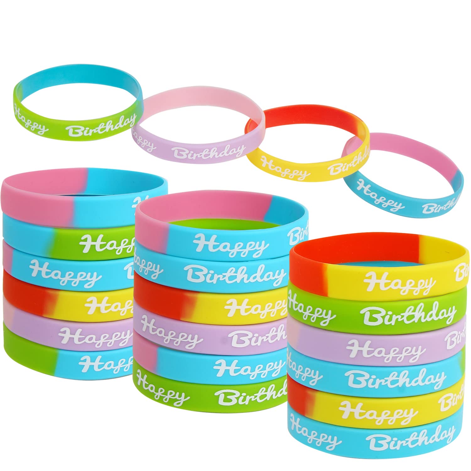 FOIMAS 24pcs Birthday Rubber Bracelet,Colored Happy Birthday Silicone Wristband for Kids Students Birthday Classroom Party Favor