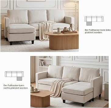JIEXI L-Shaped Sectional Sofa 3 Seater Boucle Fabric Sofa with Chaise Longue Modern Modular Couch with Wheels for Living Room Small Space Beige