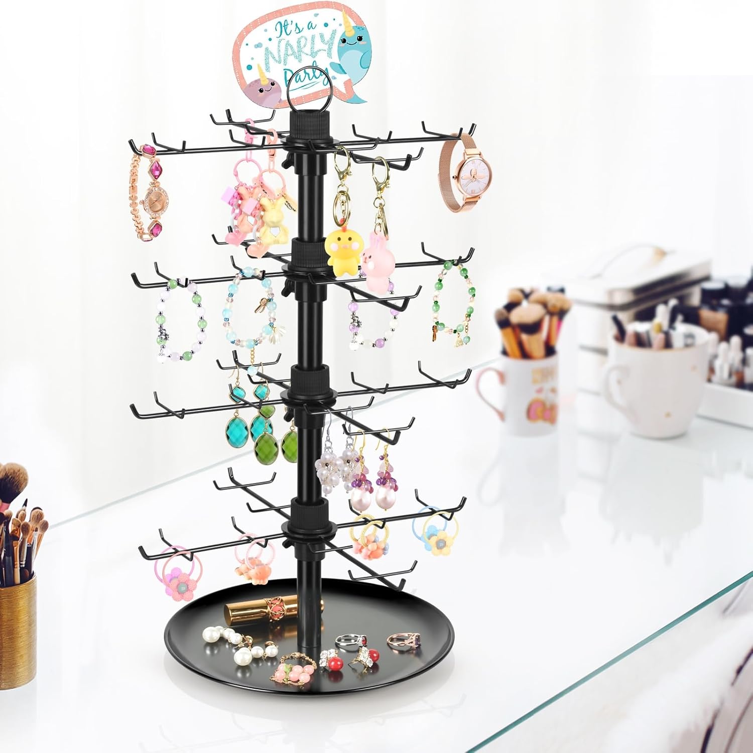 Jewelry Display for Vendors with 80 Hooks, 4 Tier Rotating Display Stand Earring Holder Organizer Adjustable Height, Earring Rack Keychain Necklace Bracelet Display for Retail
