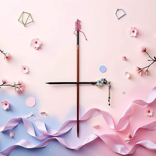 Miniatura 5 de Palillos de madera vintage japoneses chinos azules con flor y borla, palillos retro para bodas, fiestas y peinados Hanfu