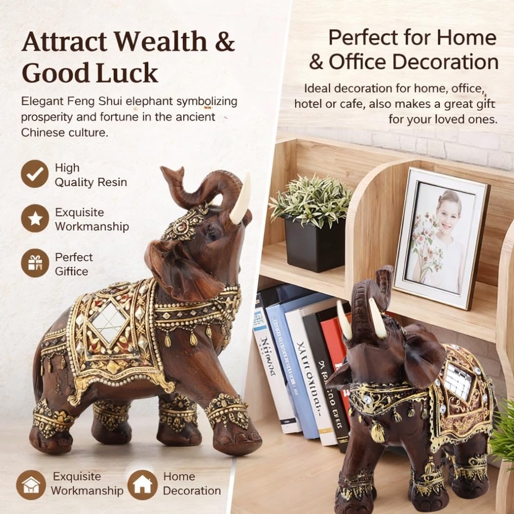 1Pc Di Fortuna Fortunata Statua Di Elefante Scultura Feng Shui Venatura Del Legno Decorazione Desktop Per La Casa (Grande)