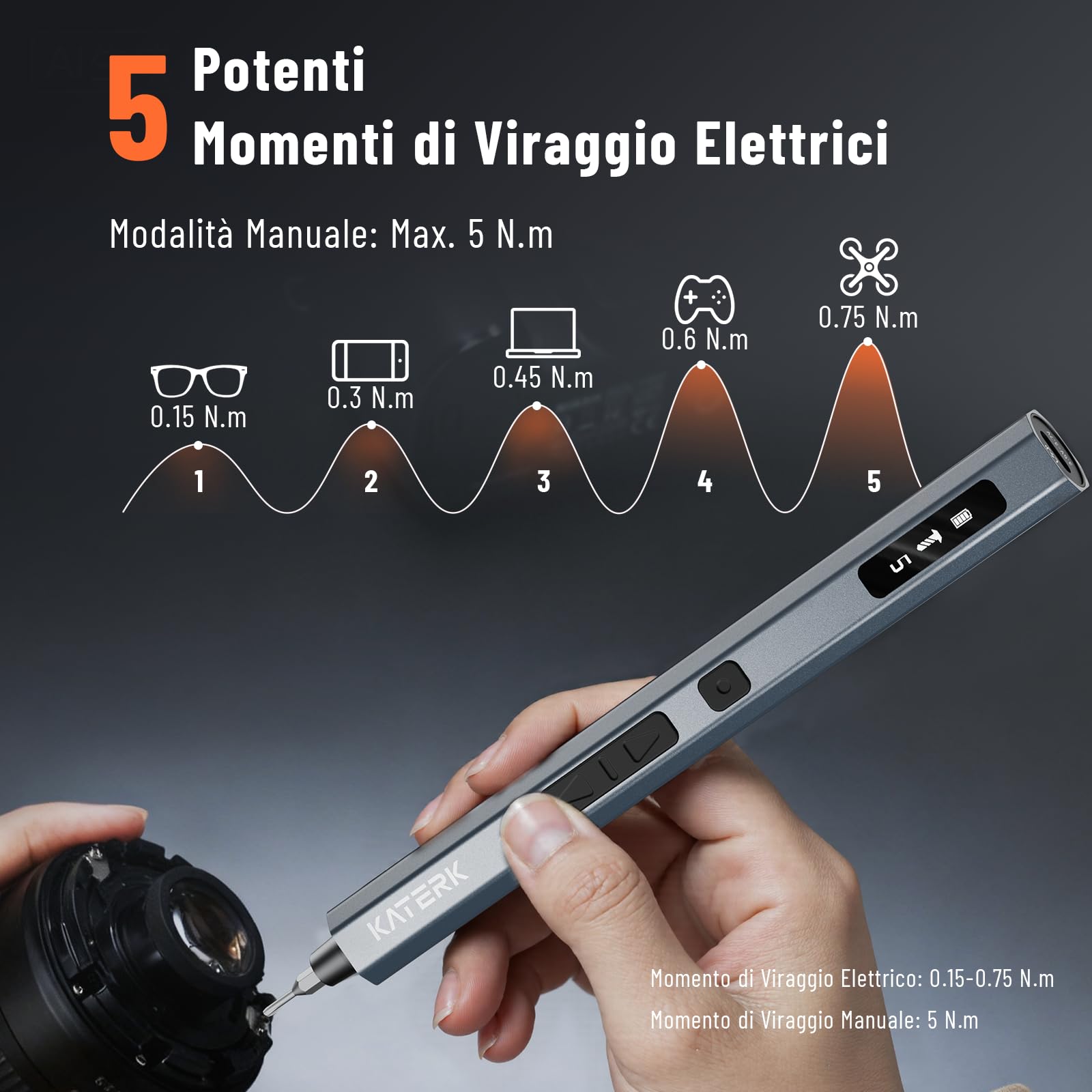 Katerk Mini Cacciavite Elettrico, Set di Cacciaviti di Precisione per Occhiali con 64 Punte di Precisione Magnetiche S2, Coppia a 5 Marce, LED, Senza Fili, per Telefono Fotocamera Portatile