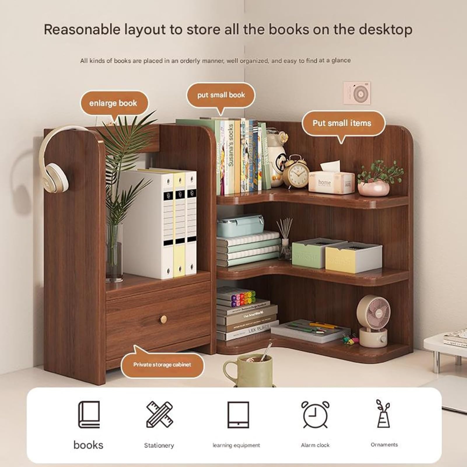 Petite Étagère De Bureau - Étagère De Bureau en Bois, Présentoir De Rangement Multifonctionnel, Bibliothèque De Comptoir pour Bureau À Domicile(50 * 30 * 50CM)