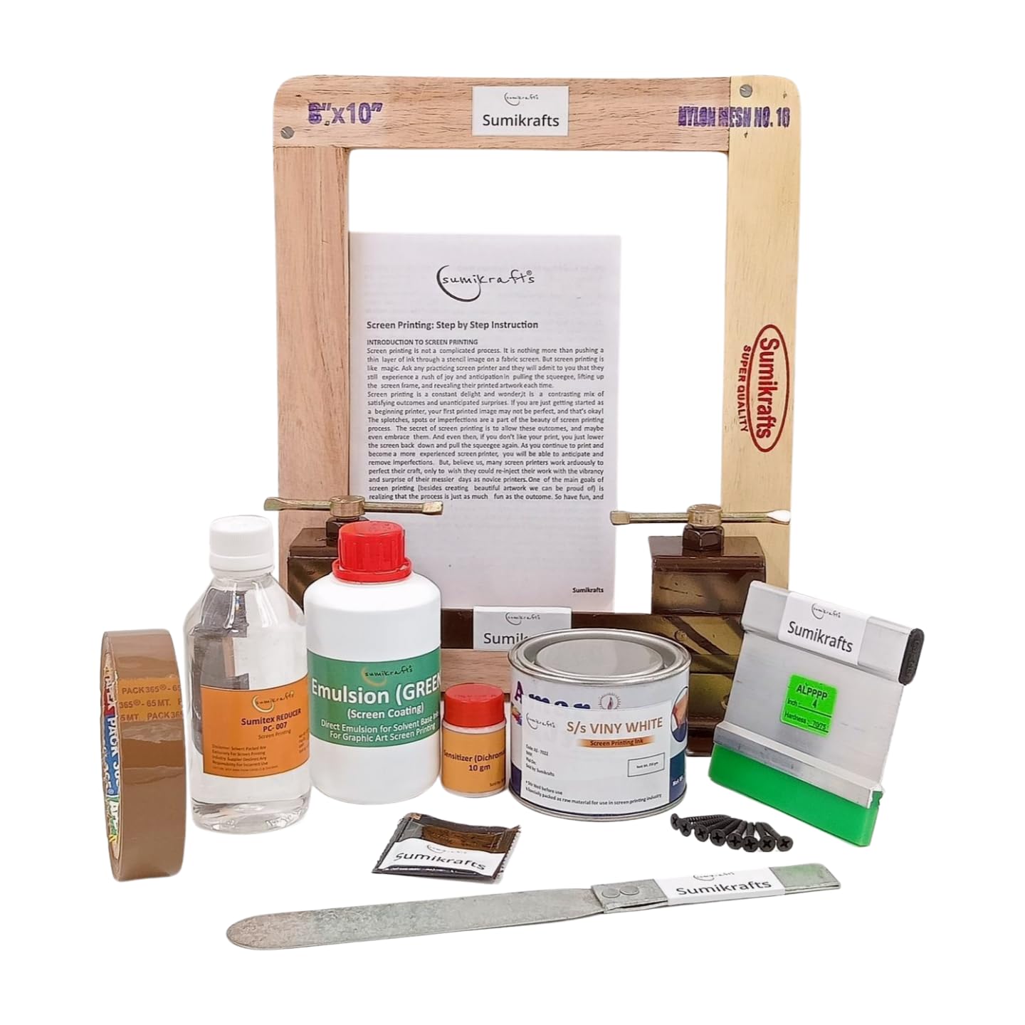 sumikrafts Screen Printing kit: Viny White 250gm+Double Hinge Table Clamps+8 Drywall Screws Black phospated Size 3.5cm+Screen Wooden Frame Small 8”x10 pre Stretched mesh no 16-image-41