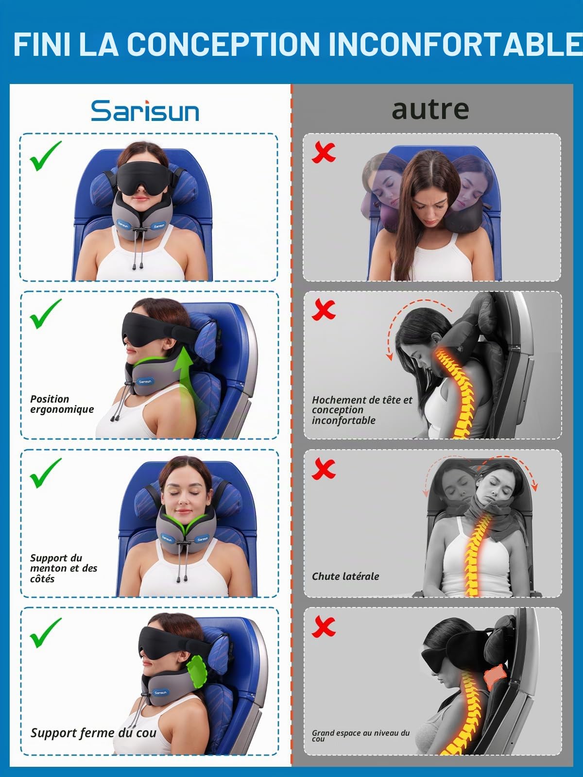 SARISUN Coussin de Voyage, Oreiller de Voyage Densité Memoire Forme et Sangle, Combiné avec Un Masque de Sommeil 3D, Coussin de Nuque pour Voyage Double pour Les Voyages en Avion et en Voiture Noir