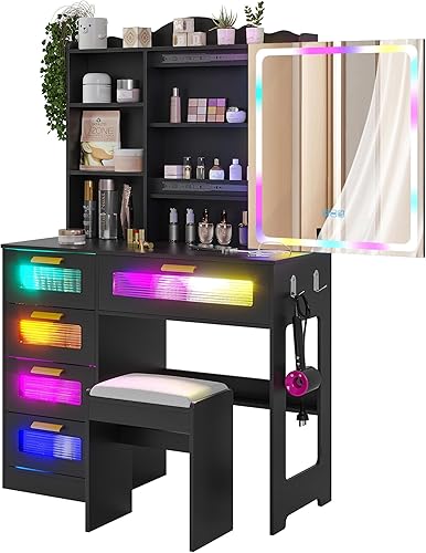 Miniatura 9 de HNEBC Escritorio esquinero con espejo giratorio LED y luces, organizadores de maquillaje para tocador, pequeños tocadores con estación de carga,