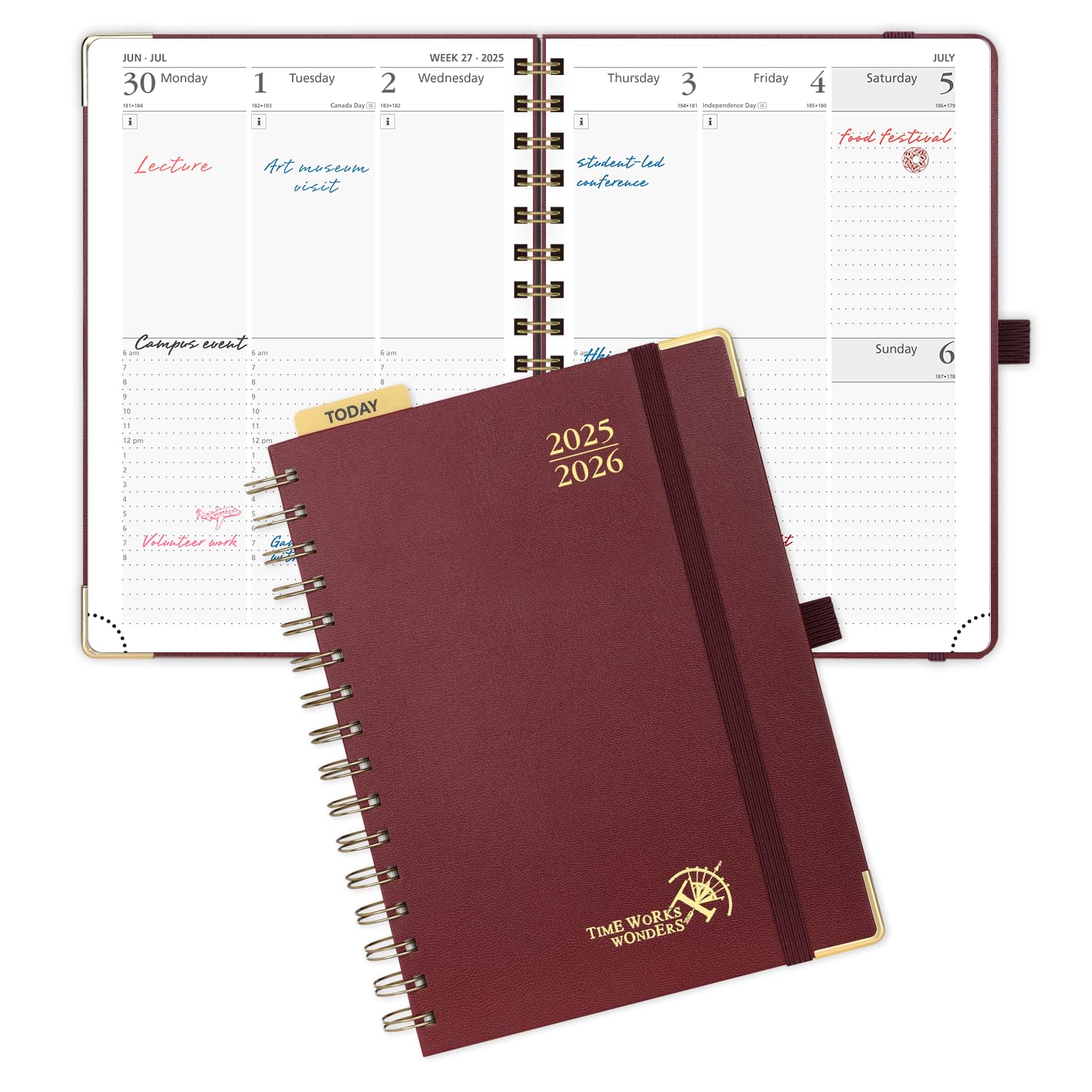 POPRUN Agenda 2025-2026 [A5-8.5" x 6.25" Wire-Bound] - Academic Planner (July 2025 - June 2026) Daily Weekly and Monthly with Hourly Schedule, Monthly Calendars, Hard Cover - Burgundy