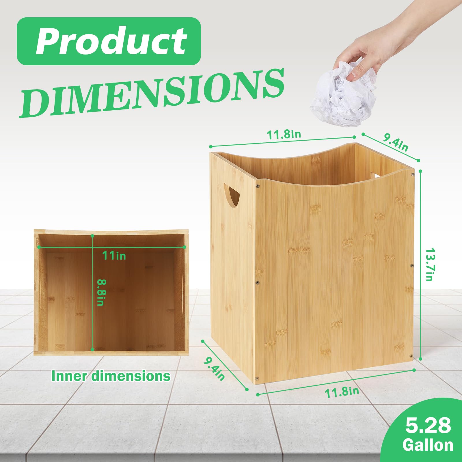 Bamboo Trash Can Wastebasket 5 Gallon Bathroom Garbage Can Trash Bins Rectangular Waste Basket with Handles Bamboo Bathroom Accessories Trashcans for Bedroom Living Room Kitchen Office College Dorm