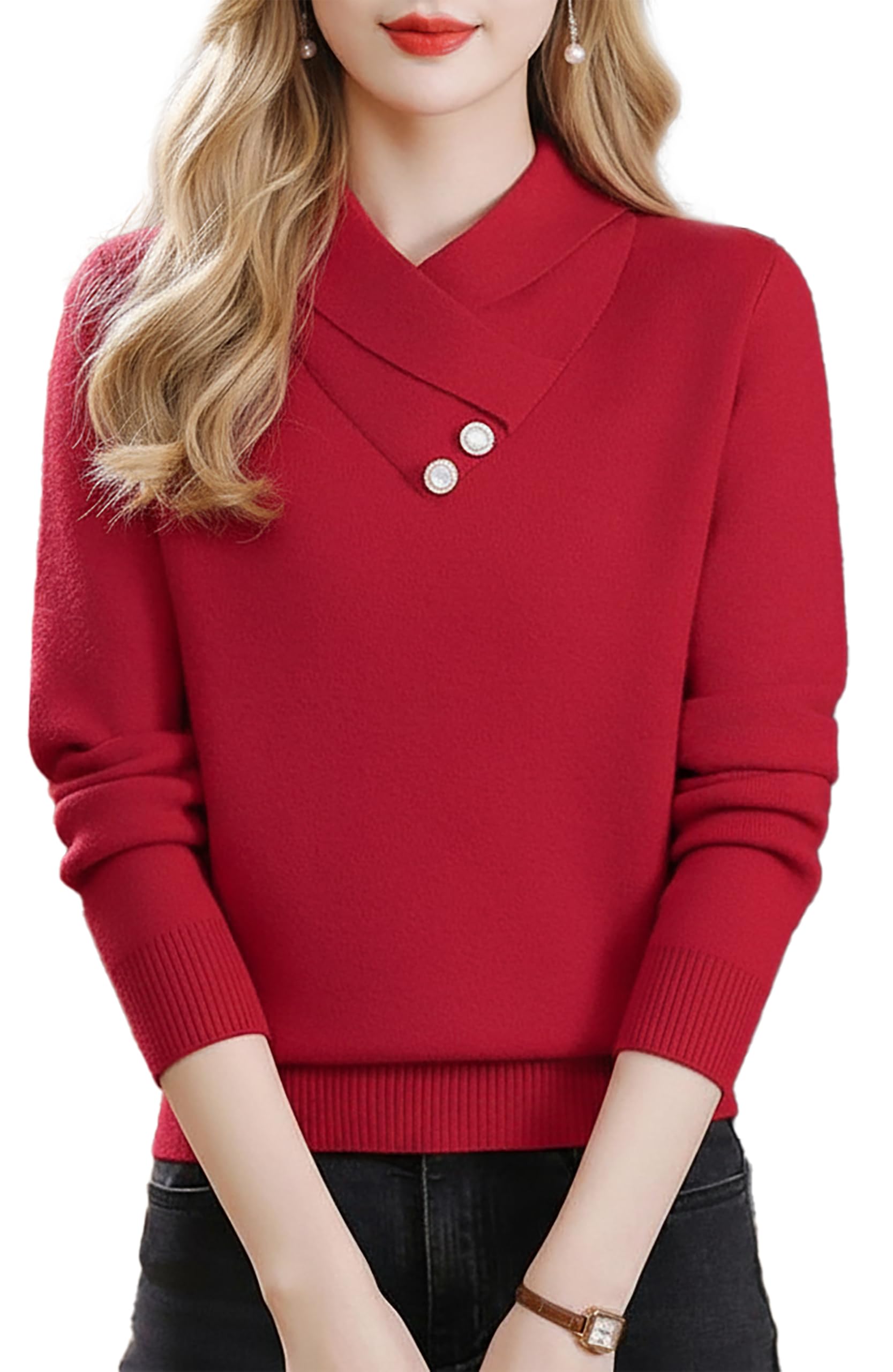 Womens Asymmetrical V Neck Sweaters Fall Winter Ribbed Knit Pullover Tops
