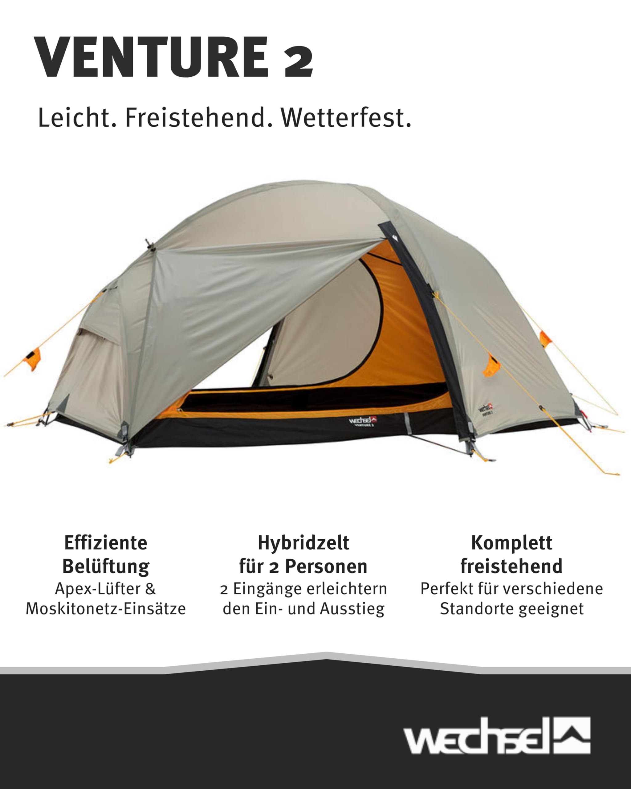 Wechsel Trekkingzelt Venture 2 I Kuppelzelt für 2 Personen I schnell aufbaubares Hybridzelt I kompakt & transportabel I ideales Outdoor-Zelt für Camping, Wandern & Bike Packing